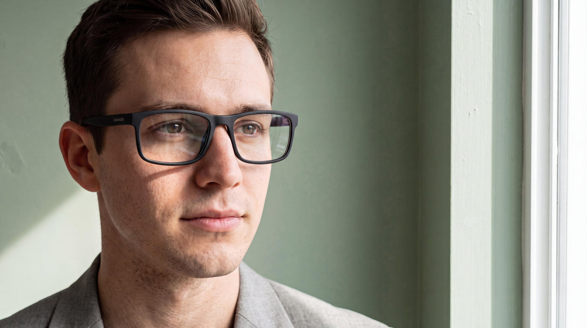 A sophisticated young man in a stone-grey suit jacket, wearing mens calvin klein matte black rectangle eyeglasses, looks thoughtfully off-camera against a sage-green wall, lit by soft daylight.