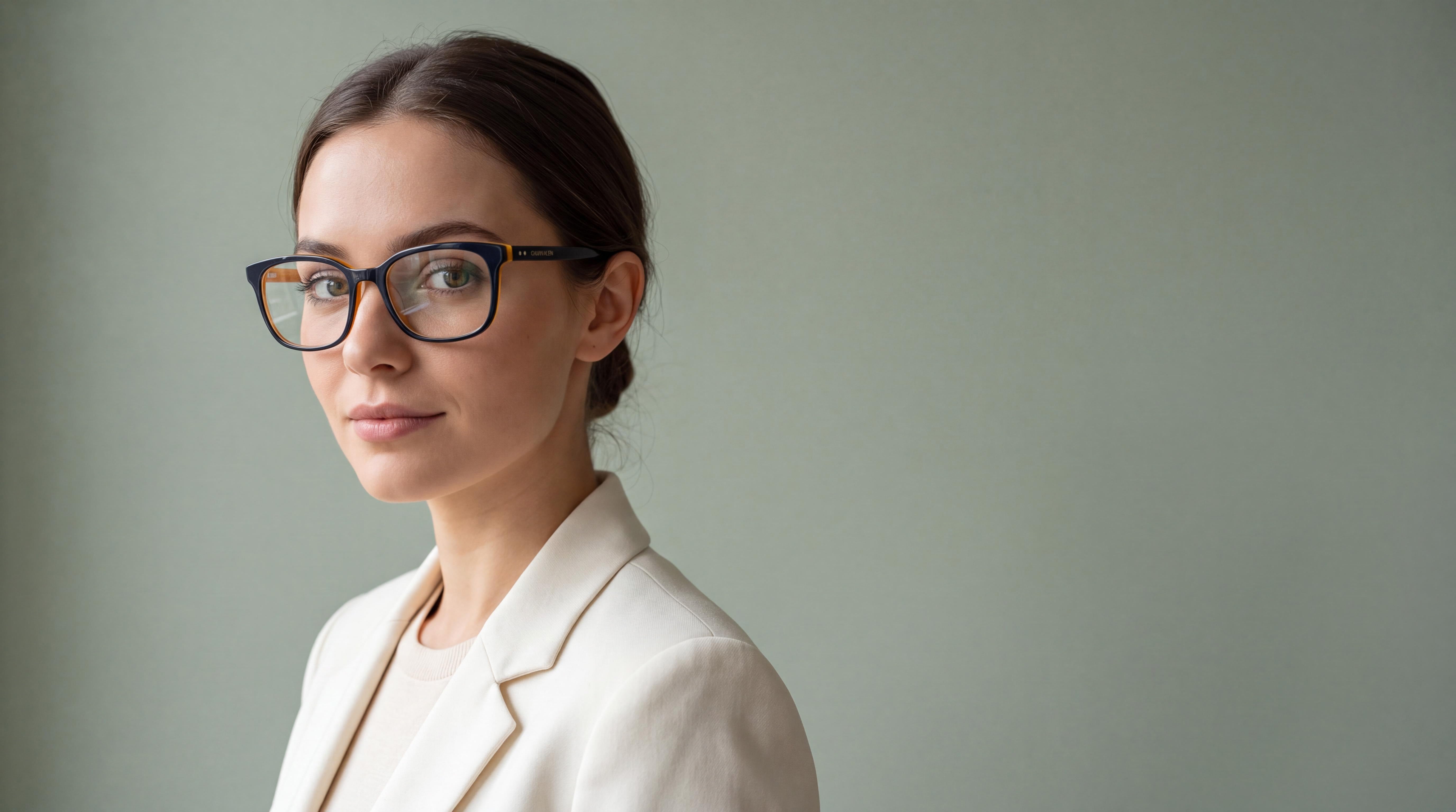 Young woman in off-white blazer, subtle smile, looking over shoulder, wearing elegant calvin klein womens eyeglasses.