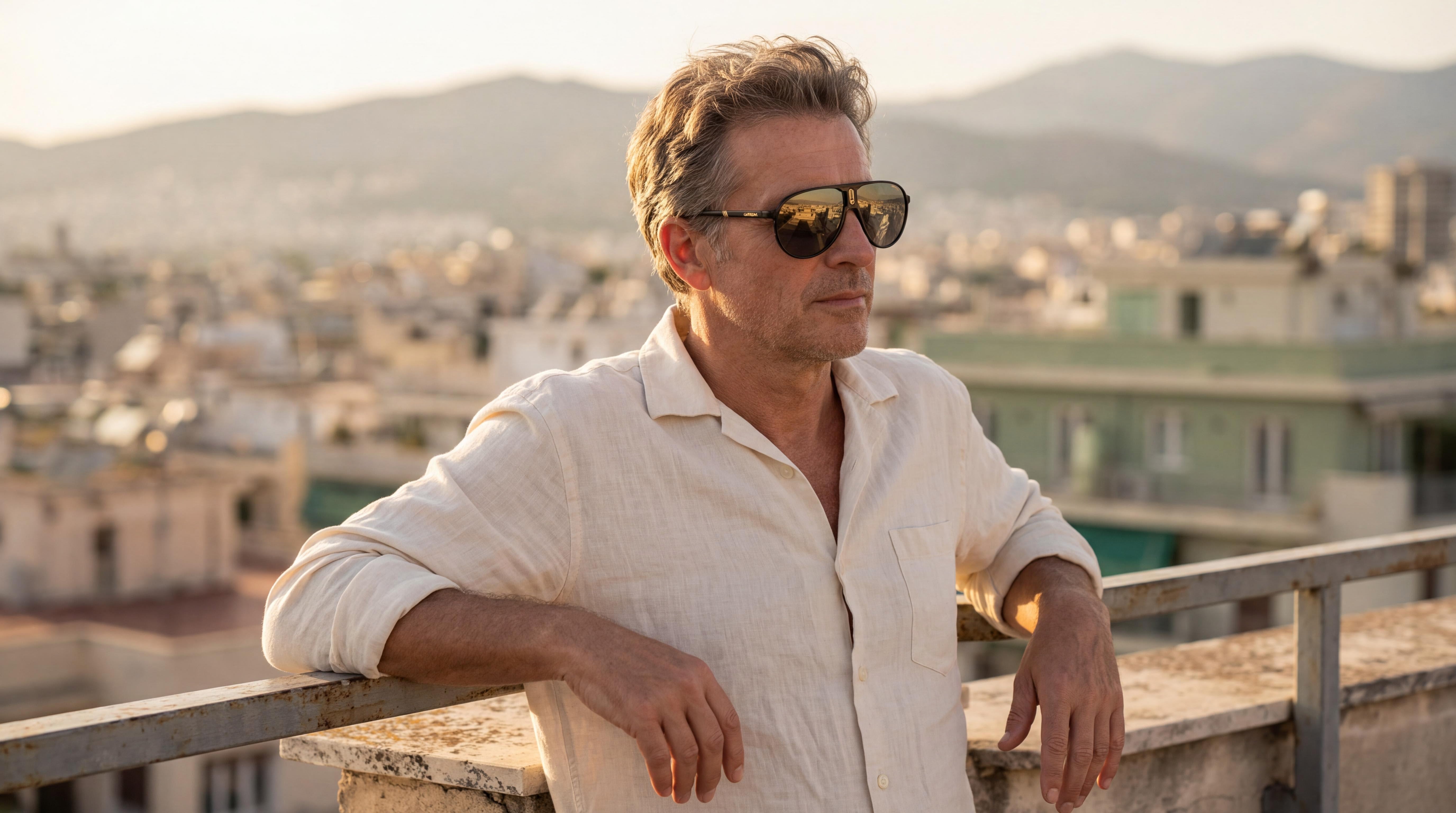 Man in a cream linen shirt on a rooftop, leaning against a railing with the cityscape behind him, wearing carrera aviator sunglasses.