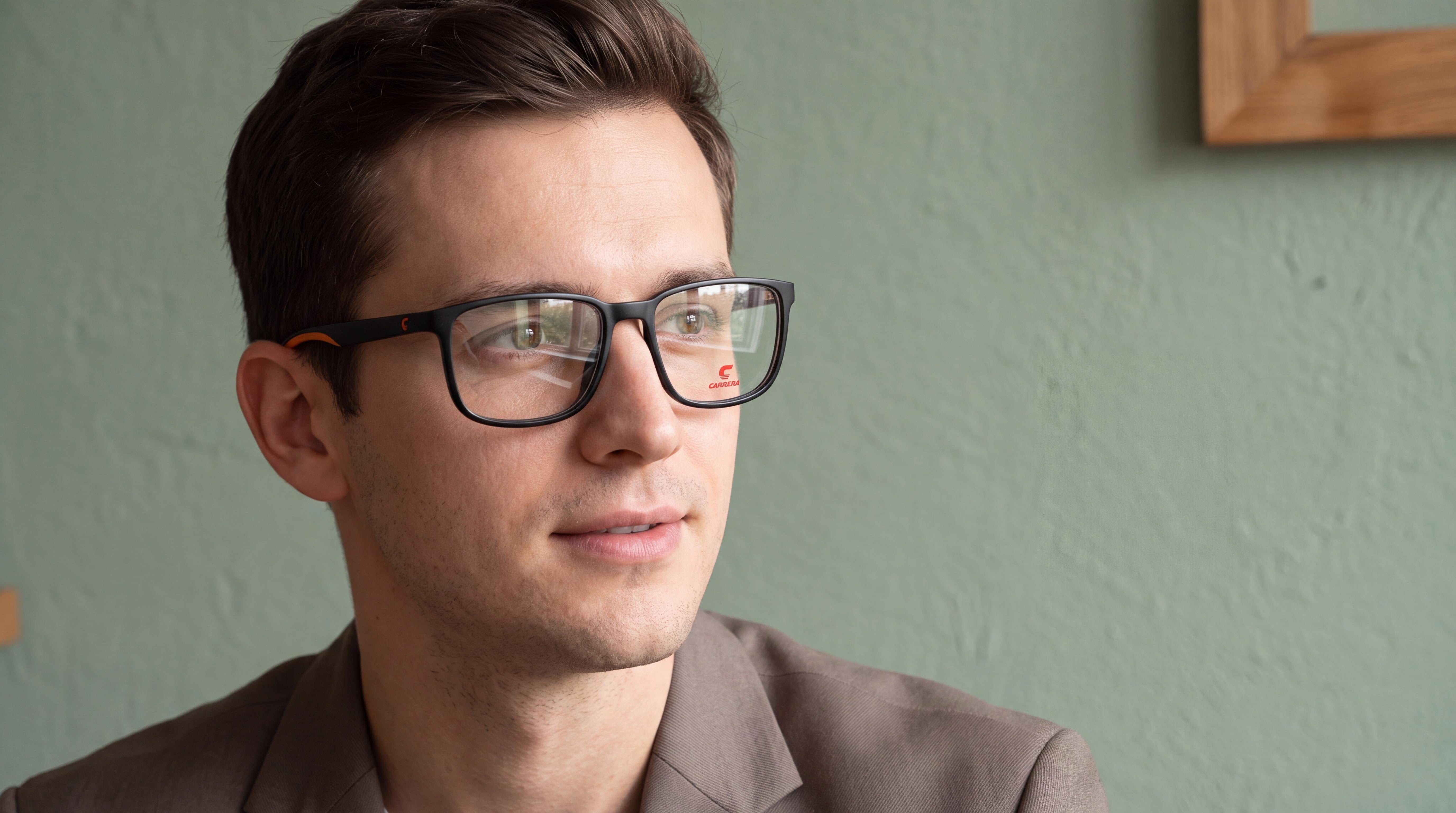 Engaged young man in taupe blazer, eyeglasses, thoughtful off-camera glance, sage-green wall and wood decor, carrera eyeglasses men