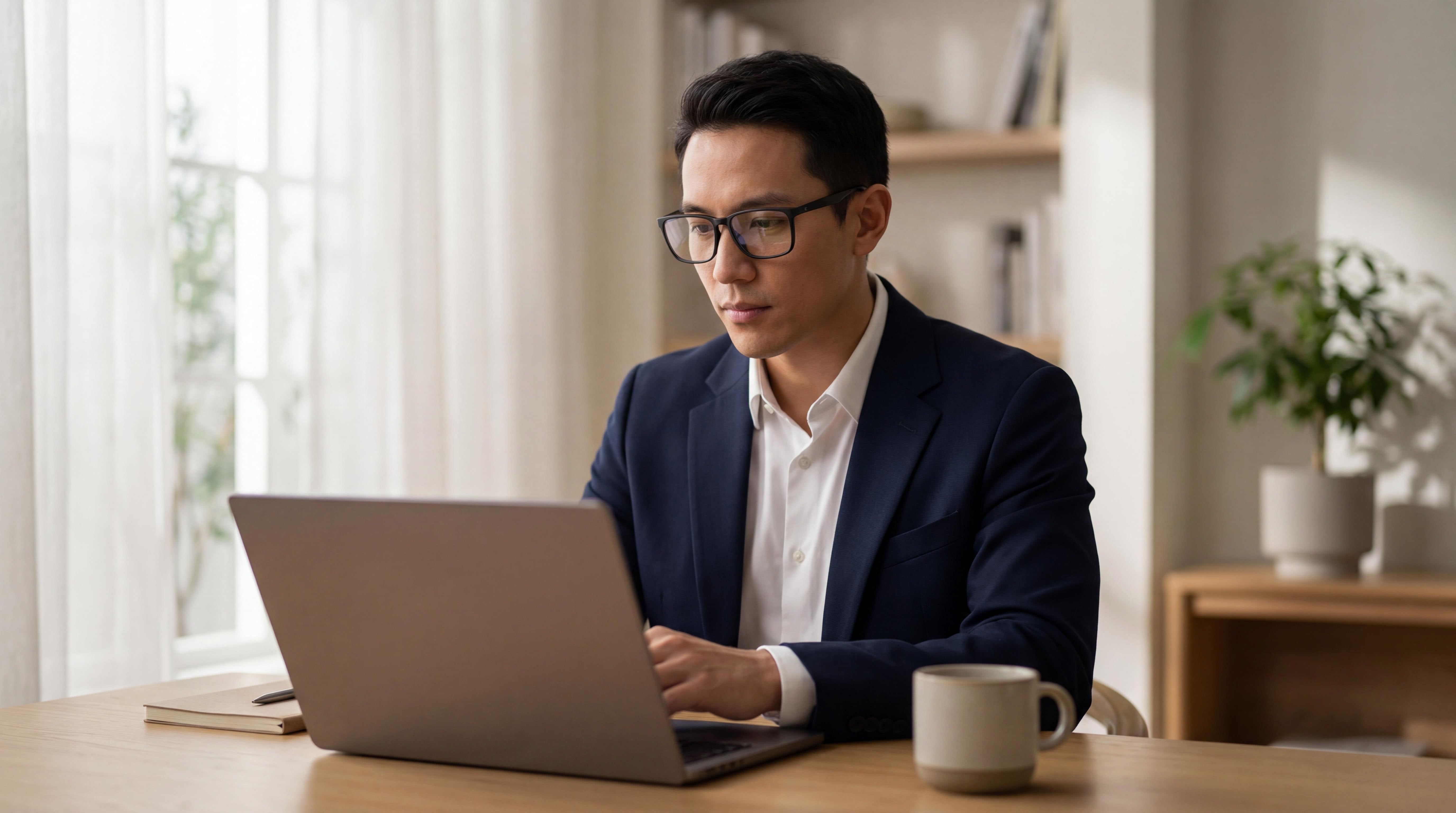 Refined individual wearing Italian sport-luxury matte black metal rim eyeglasses at a minimalist desk, soft window light.