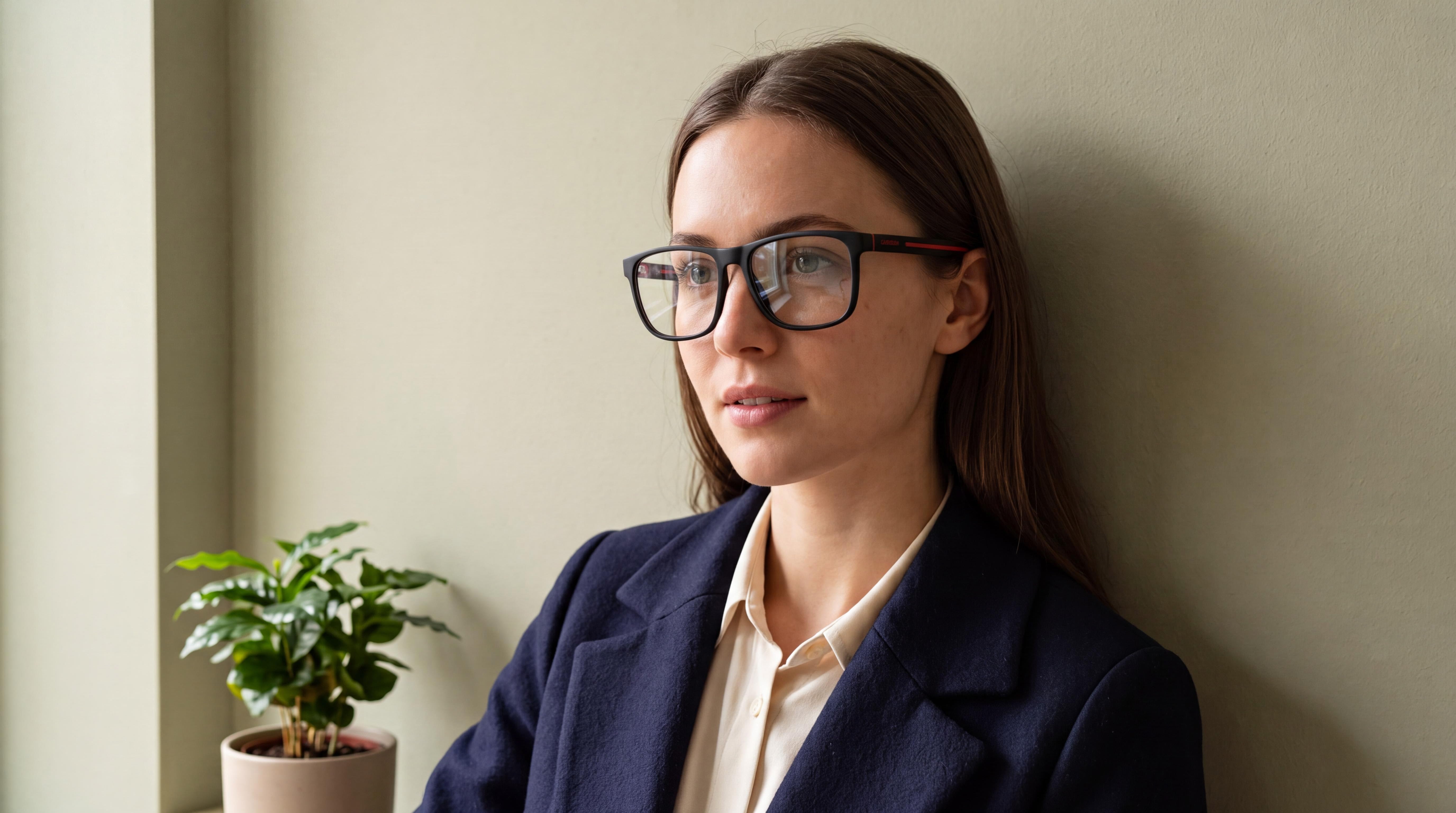 Refined woman in a navy tailored coat, sage-green room, wearing elegant women carrera eyeglasses, engaged and stylish.