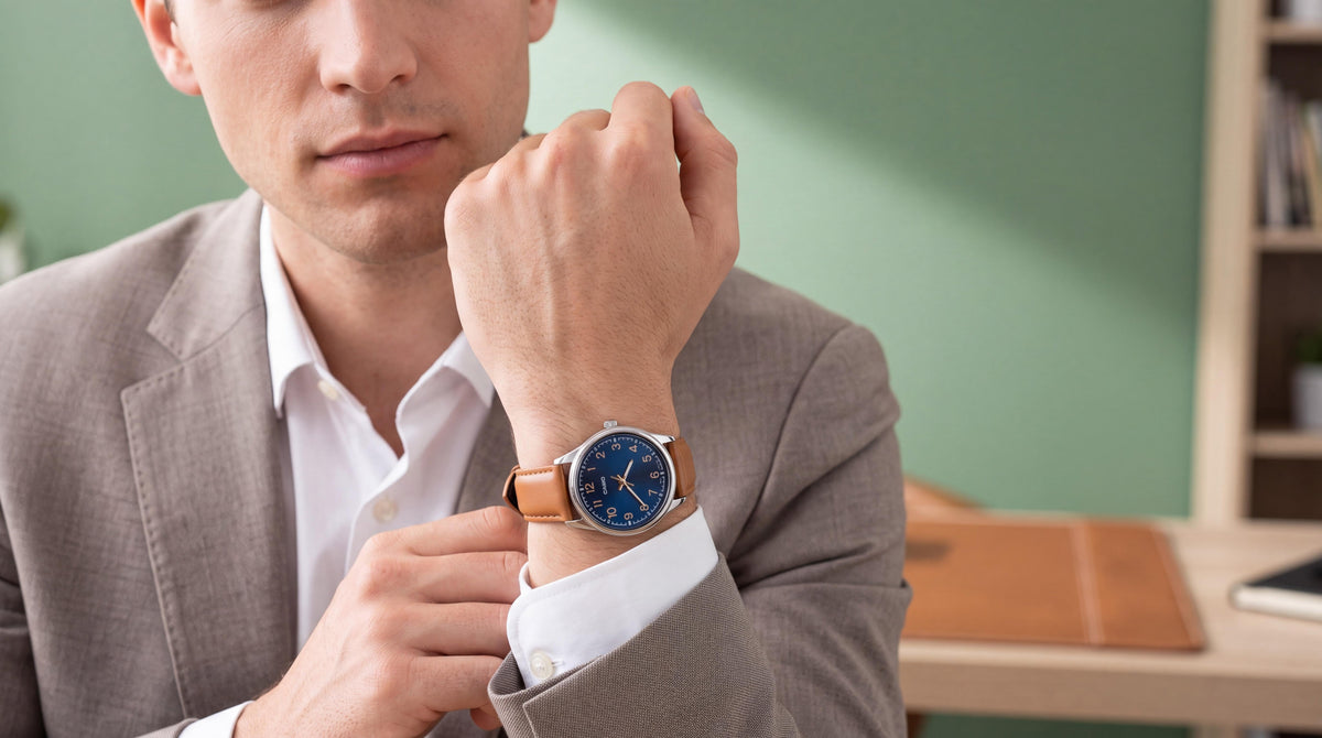 A refined man in a tailored neutral suit jacket checking his watch against a sage-green interior; mens casio blue dial watches for an understated, premium style.