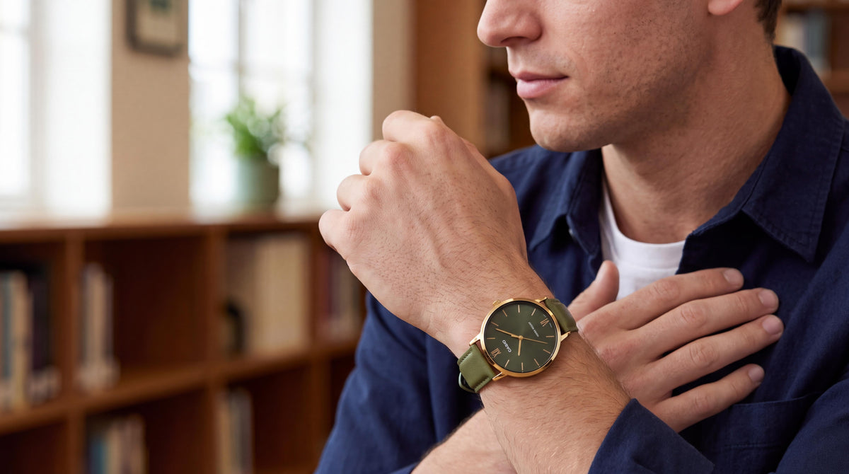 A man in a navy overshirt, hand on chest, showcasing a classic watch against a softly blurred library background. mens casio green leather watches.
