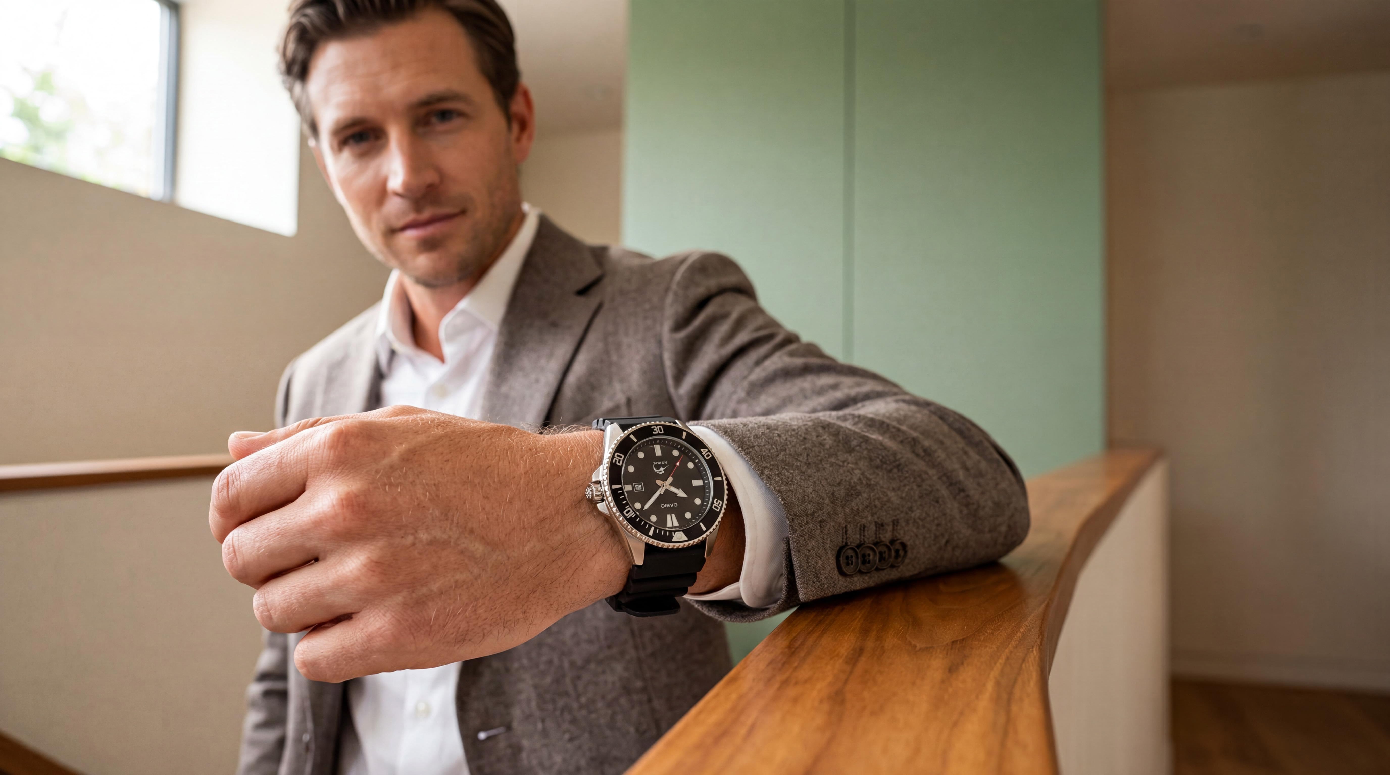 A man in a neutral suit jacket leans on a warm wooden railing, left forearm forward, watch sharp and prominent. The background is a clean, contemporary interior with a sage-green accent wall, softly lit by daylight, showcasing casio watches for men.