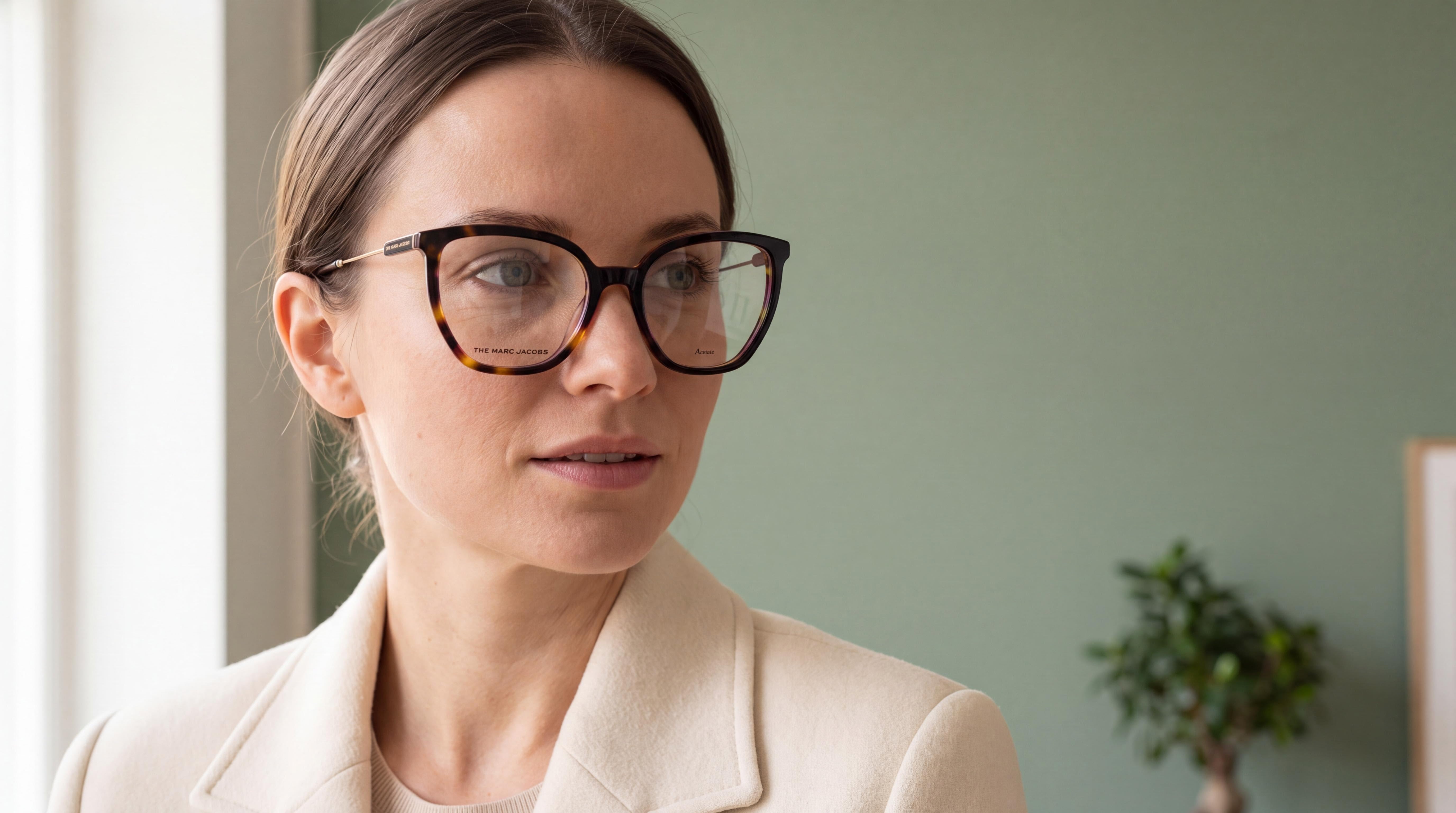 Editorial portrait of a woman wearing modern cat-eye eyeglasses in transparent havana blue, framed by a sage-green wall.