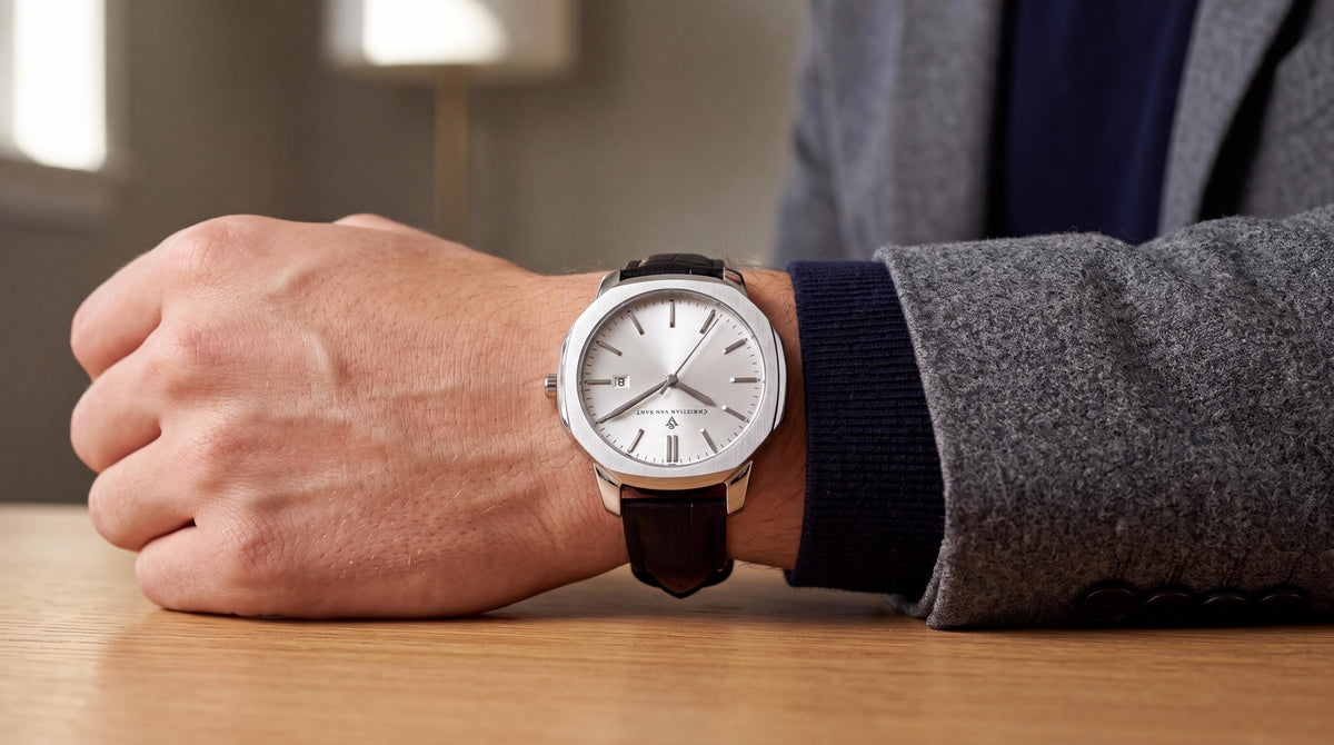 Close-up of a young man's left wrist, a sleek watch with a silver dial prominent against a navy blazer sleeve. Mens Christian Van Sant silver dial watches.