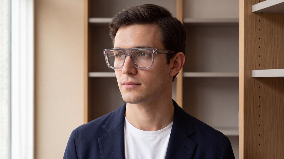 Thoughtful man in a navy blazer wearing mens ferragamo crystal grey rectangle eyeglasses in a quiet bookshop.