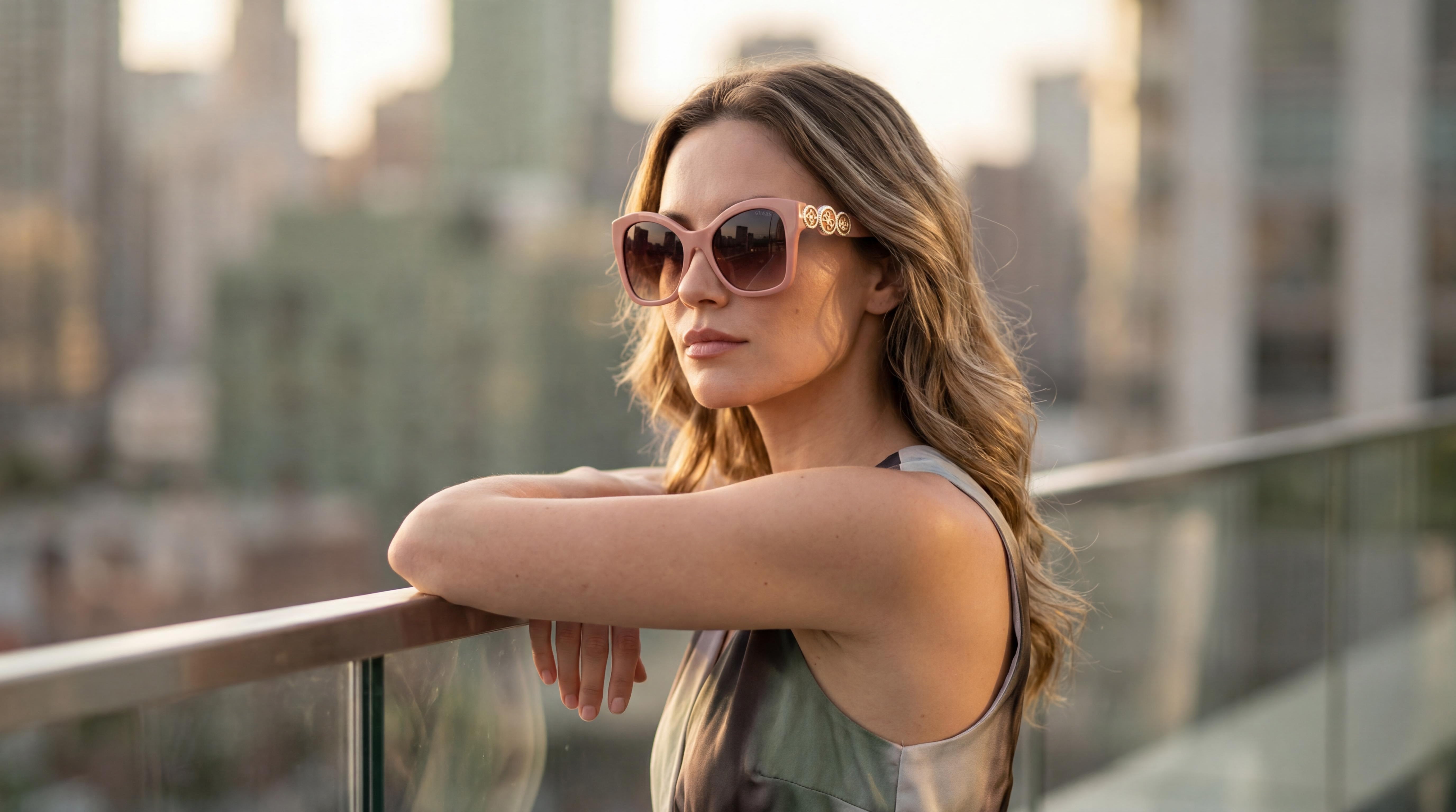Sophisticated woman in Guess butterfly sunglasses with gradient lenses on a city terrace at golden hour.
