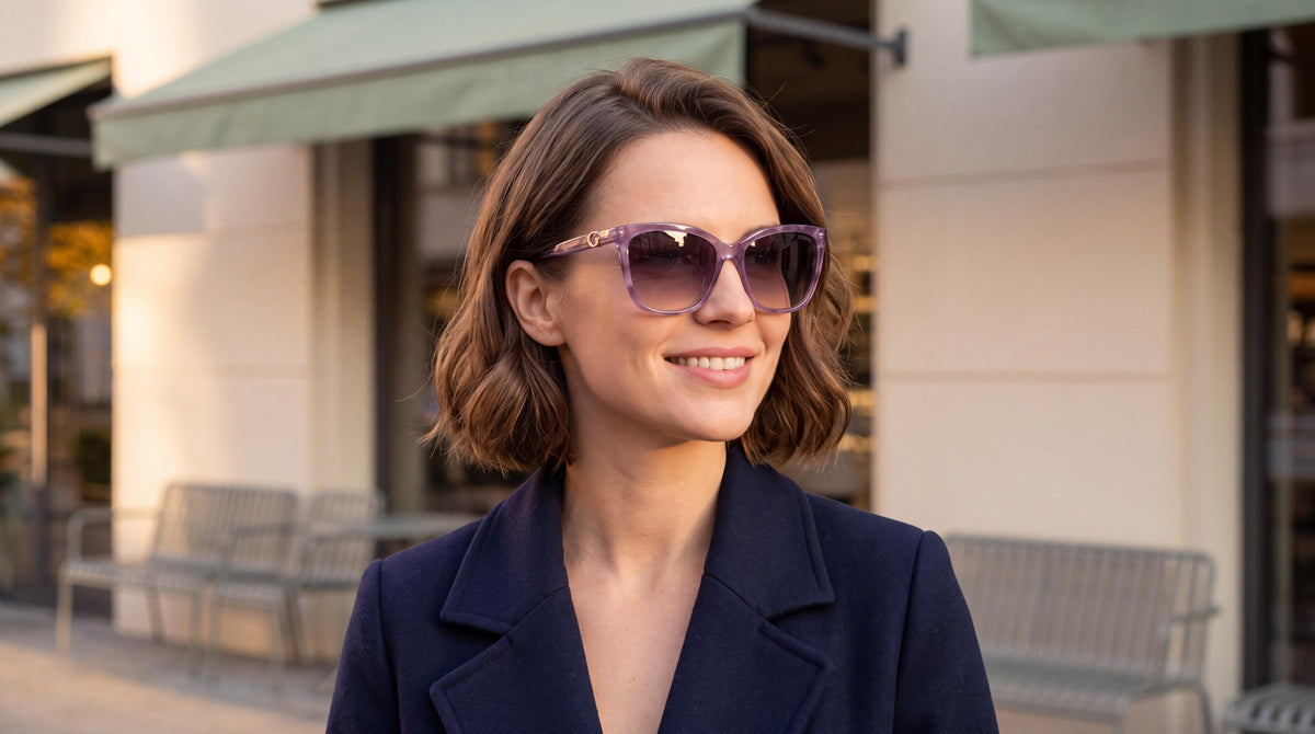 A fashion-forward woman in a navy overcoat outside a cafe, sunglasses with tinted lenses, golden hour light. womens guess havana sunglasses