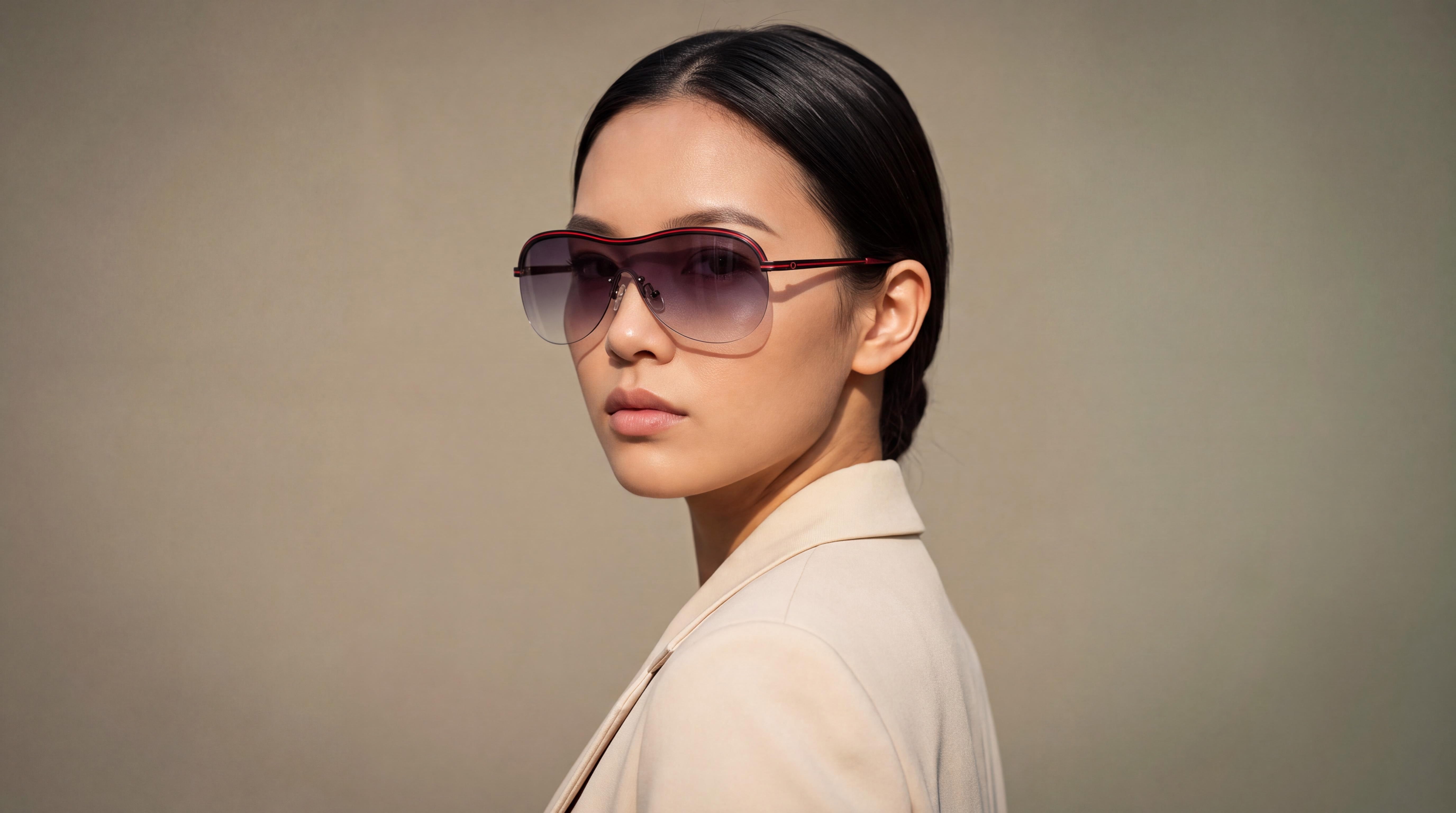 A woman in a cream blazer with rose-gold accented womens sunglasses for oval faces, turning over her shoulder in a warm greige studio.