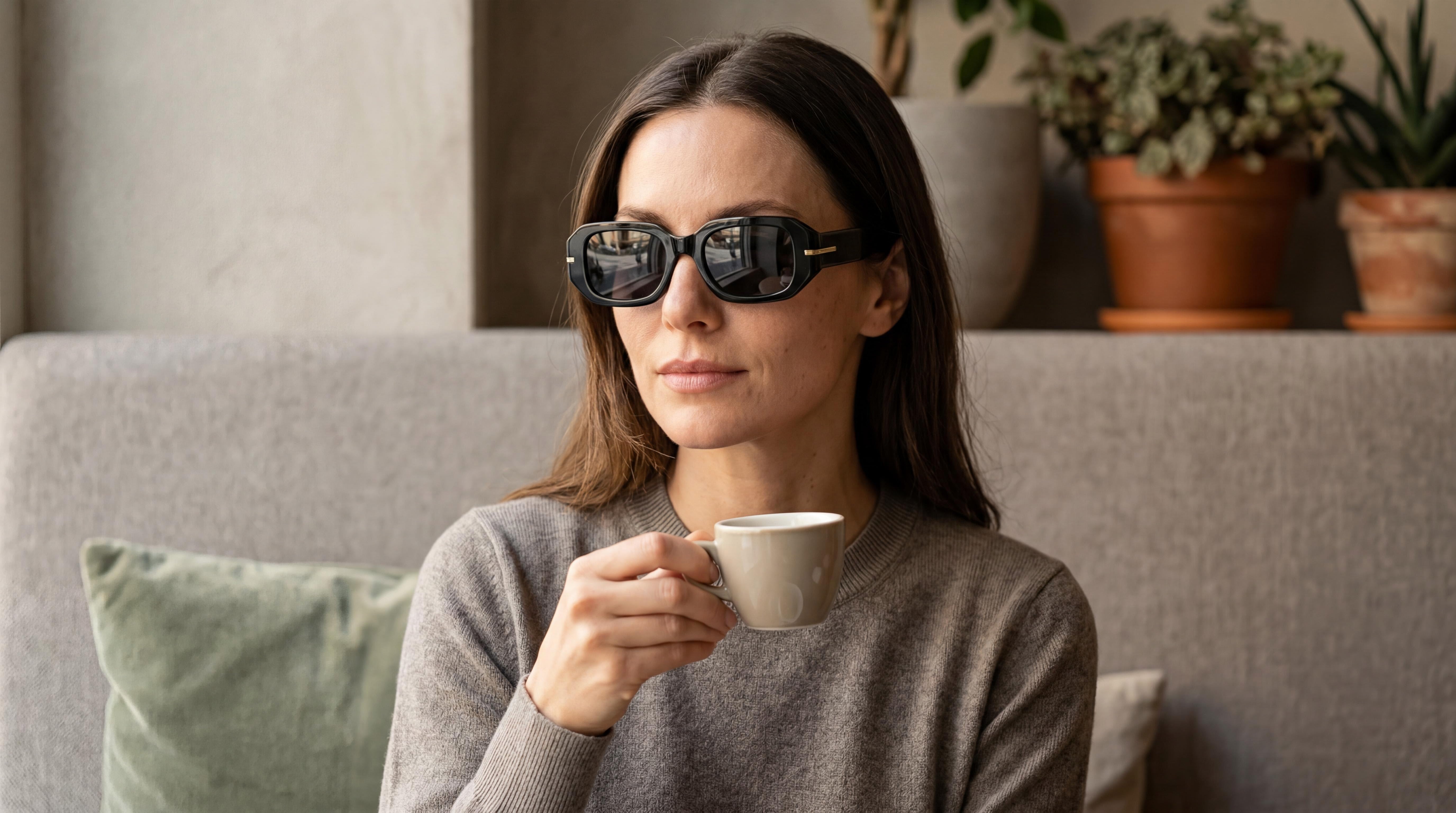 Woman in classic acetate sunglasses enjoying a refined everyday style moment in a sunlit cafe.