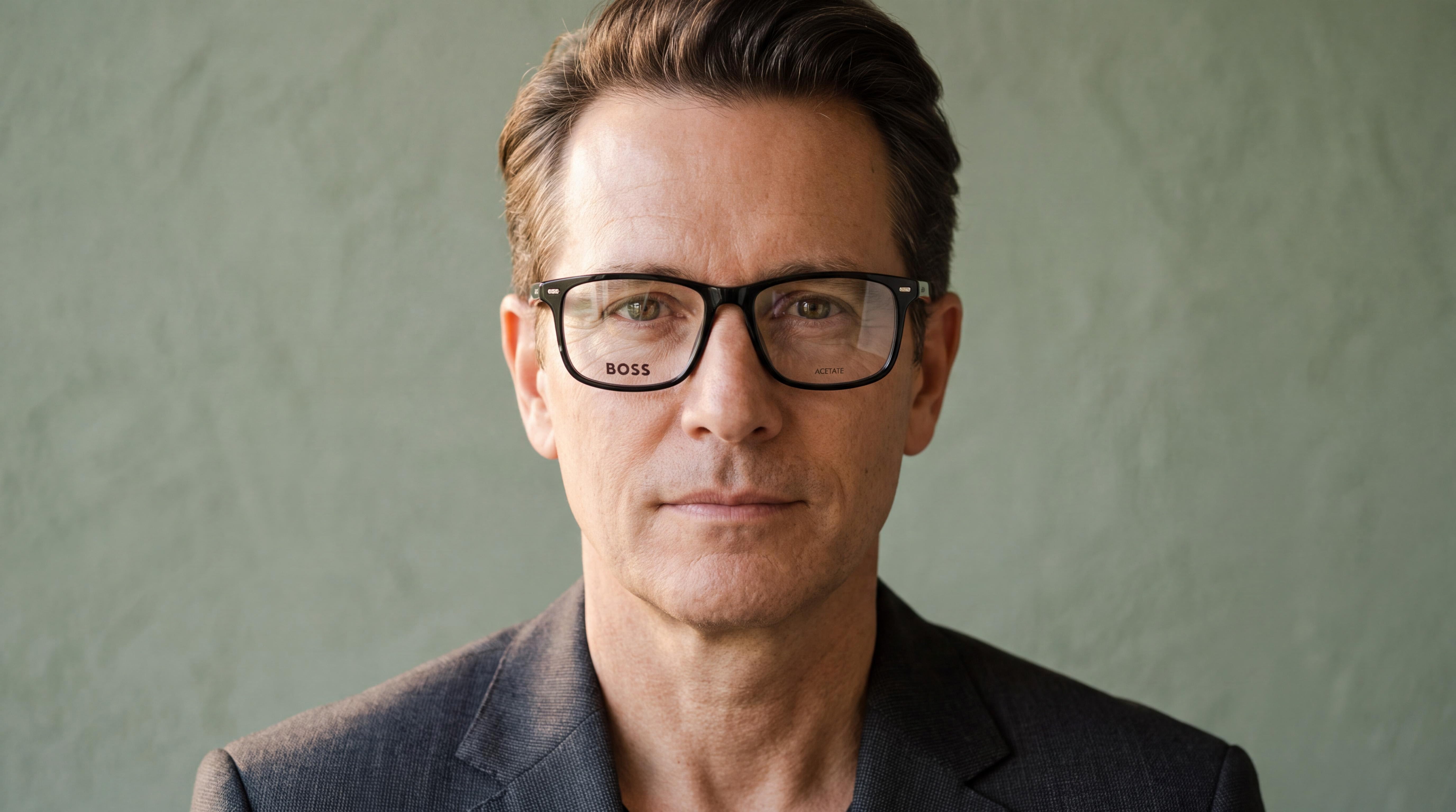 Refined individual in charcoal suit, Hugo Boss classic black eyeglasses, confident gaze, sage green wall, soft natural light.