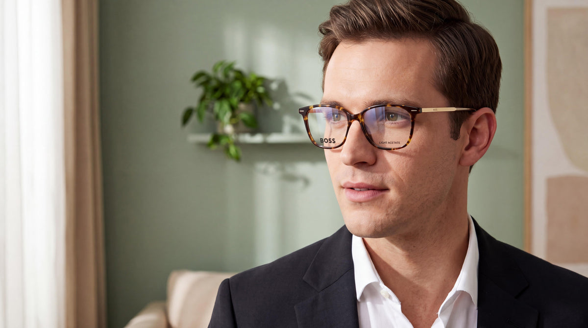 A refined young man in a dark blazer and sophisticated eyeglasses, lost in thought in a warmly lit room with a sage-green wall and a plant. mens hugo boss havana eyeglasses.