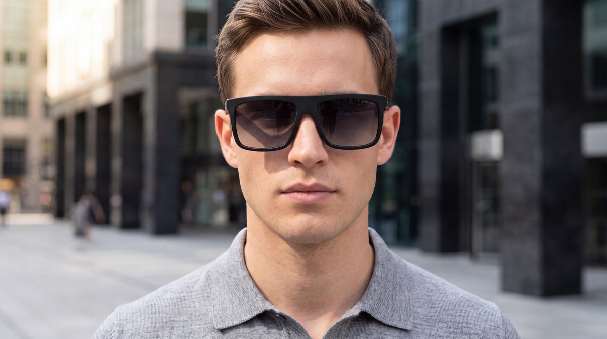 A young man wearing mens hugo boss matte black flat top sunglasses, light grey merino polo, in a modern business plaza.