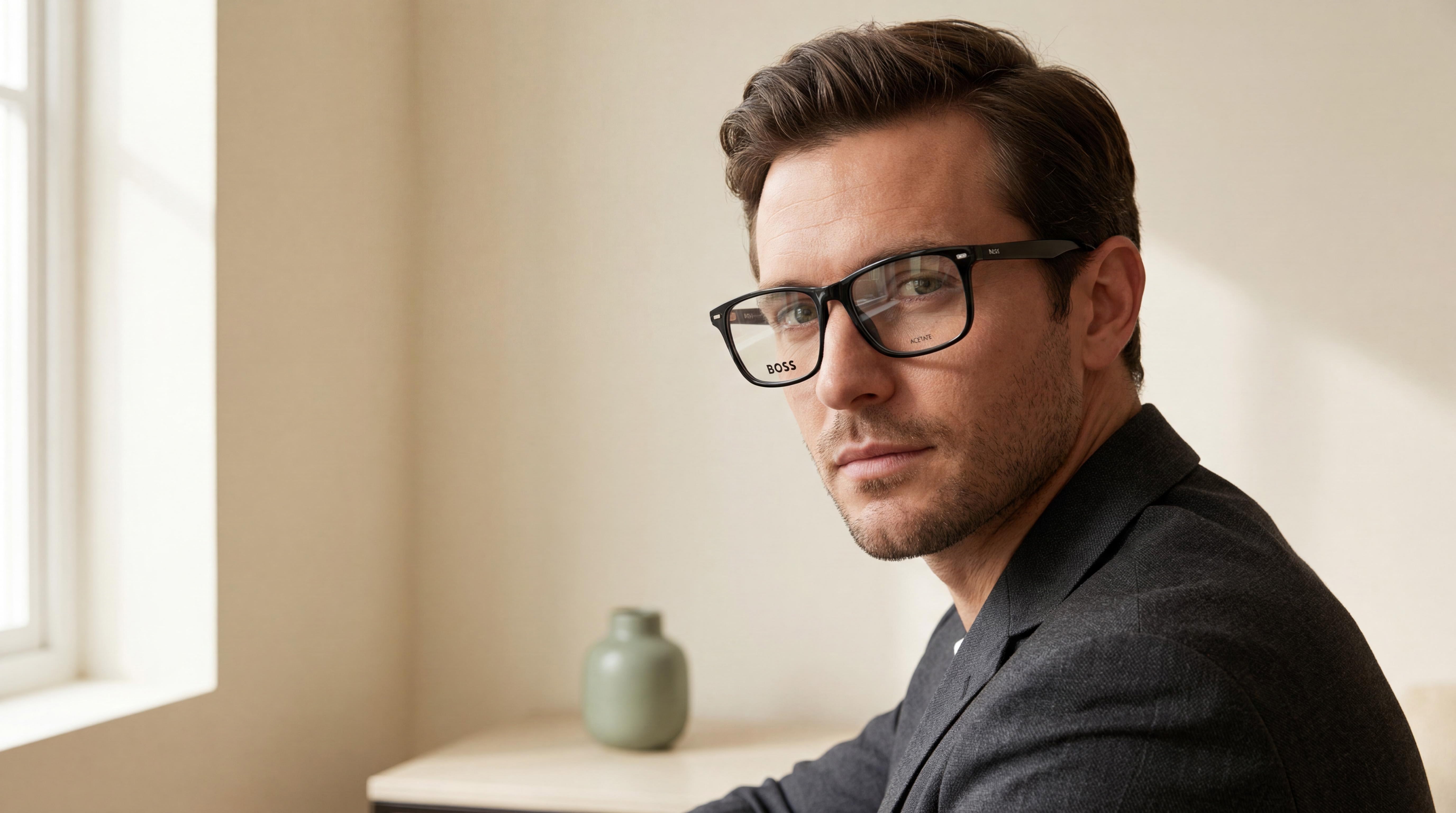 A man wearing Hugo Boss eyeglasses for men, leaning naturally in a softly lit, warm minimal interior with a sage-green vase.