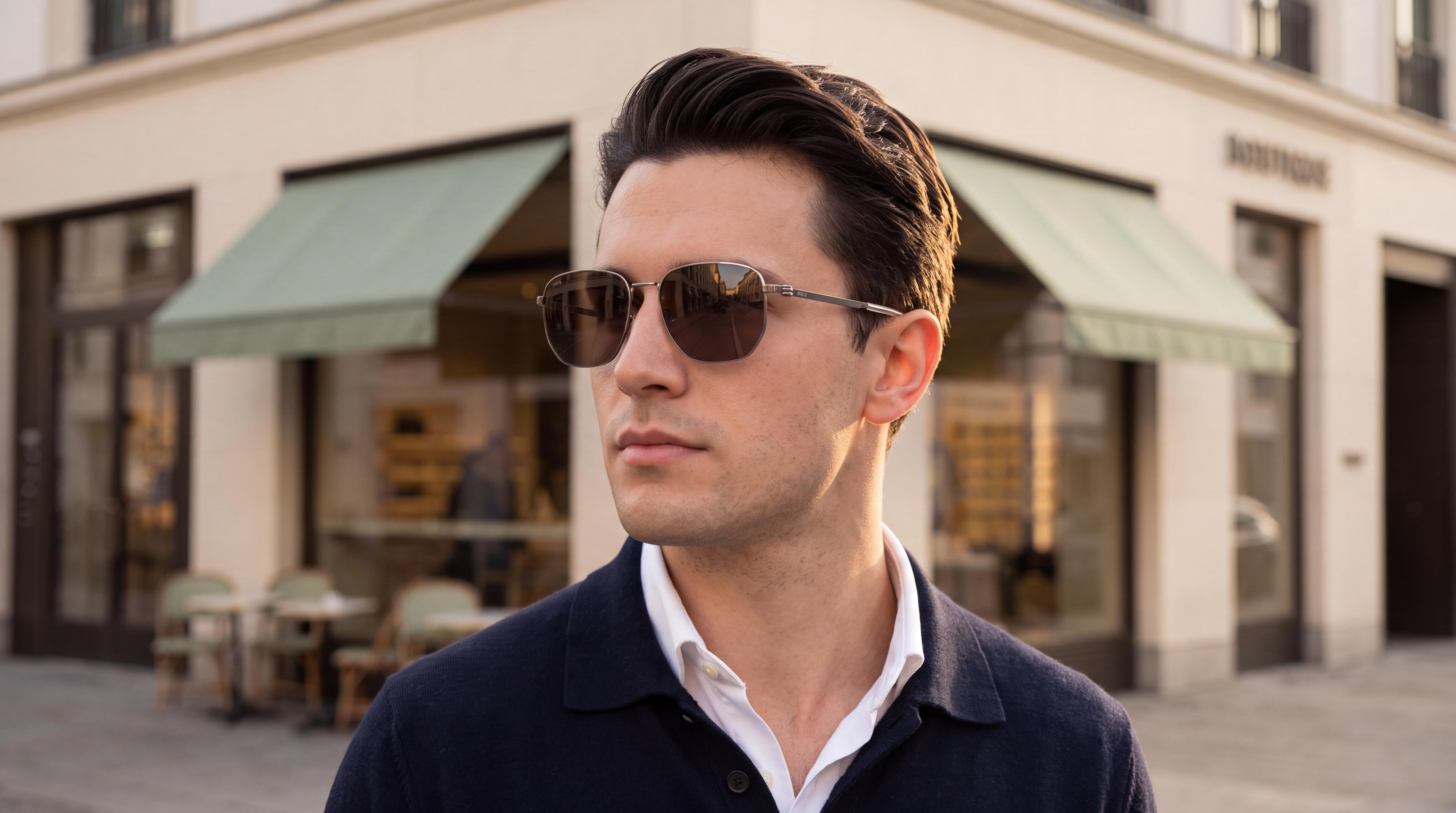 Men Hugo Boss sunglasses ruthenium frames, a young man in a dark knit at a cream boutique exterior, golden hour light.