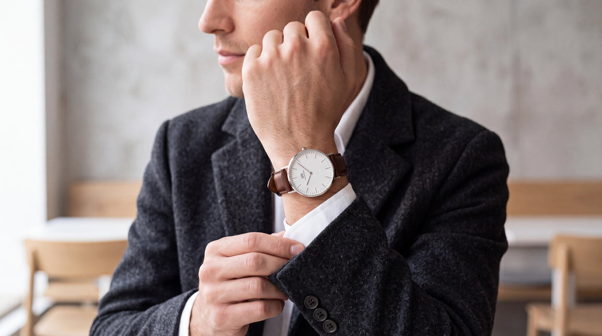 Close-up of a man adjusting his cuff in a bright cafe, showcasing a mens daniel wellington classic white dial watch.