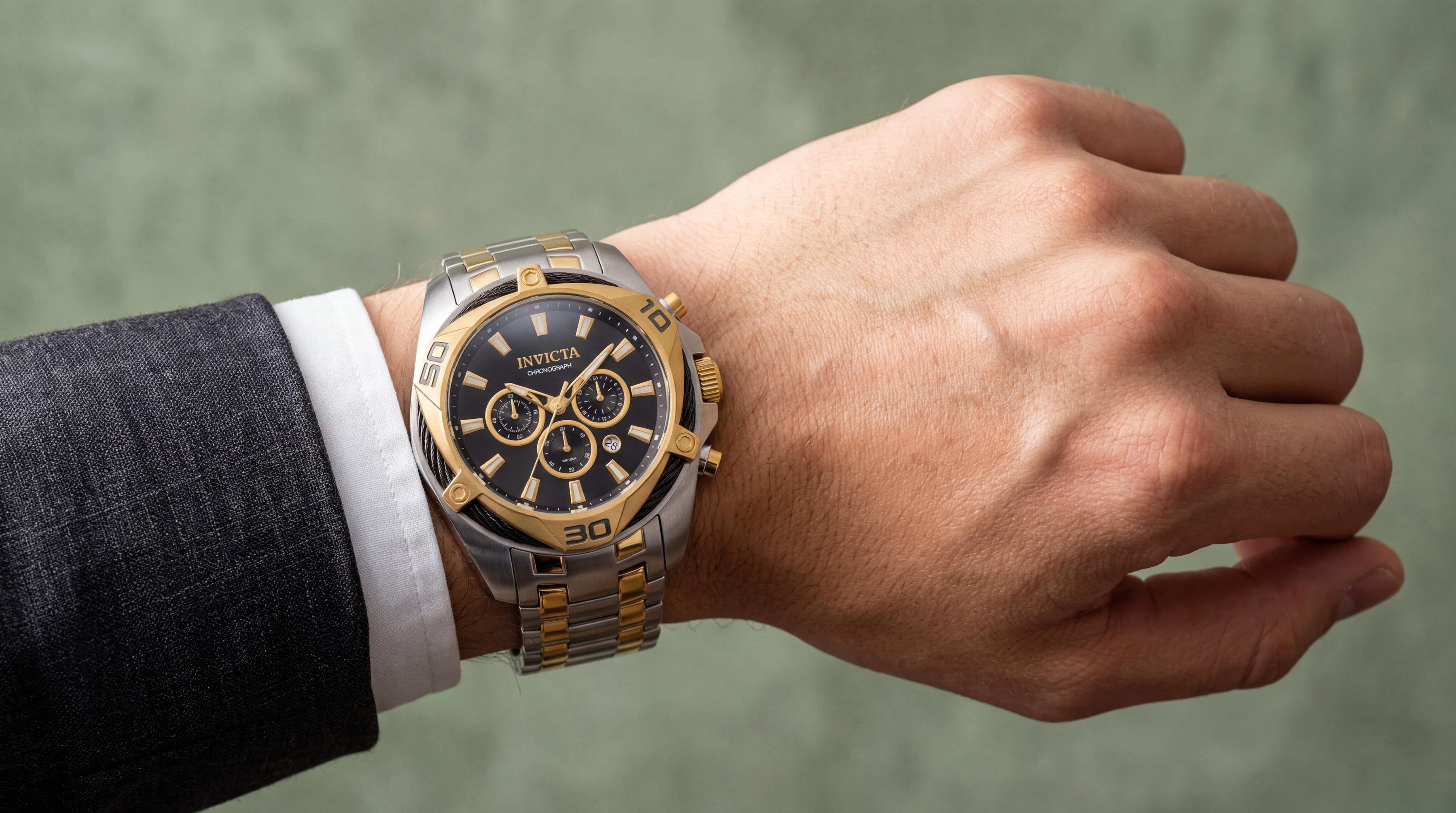 Close-up of a refined watch on a left wrist, tailored charcoal suit and white shirt, sage green background, everyday automatic watches under $500.