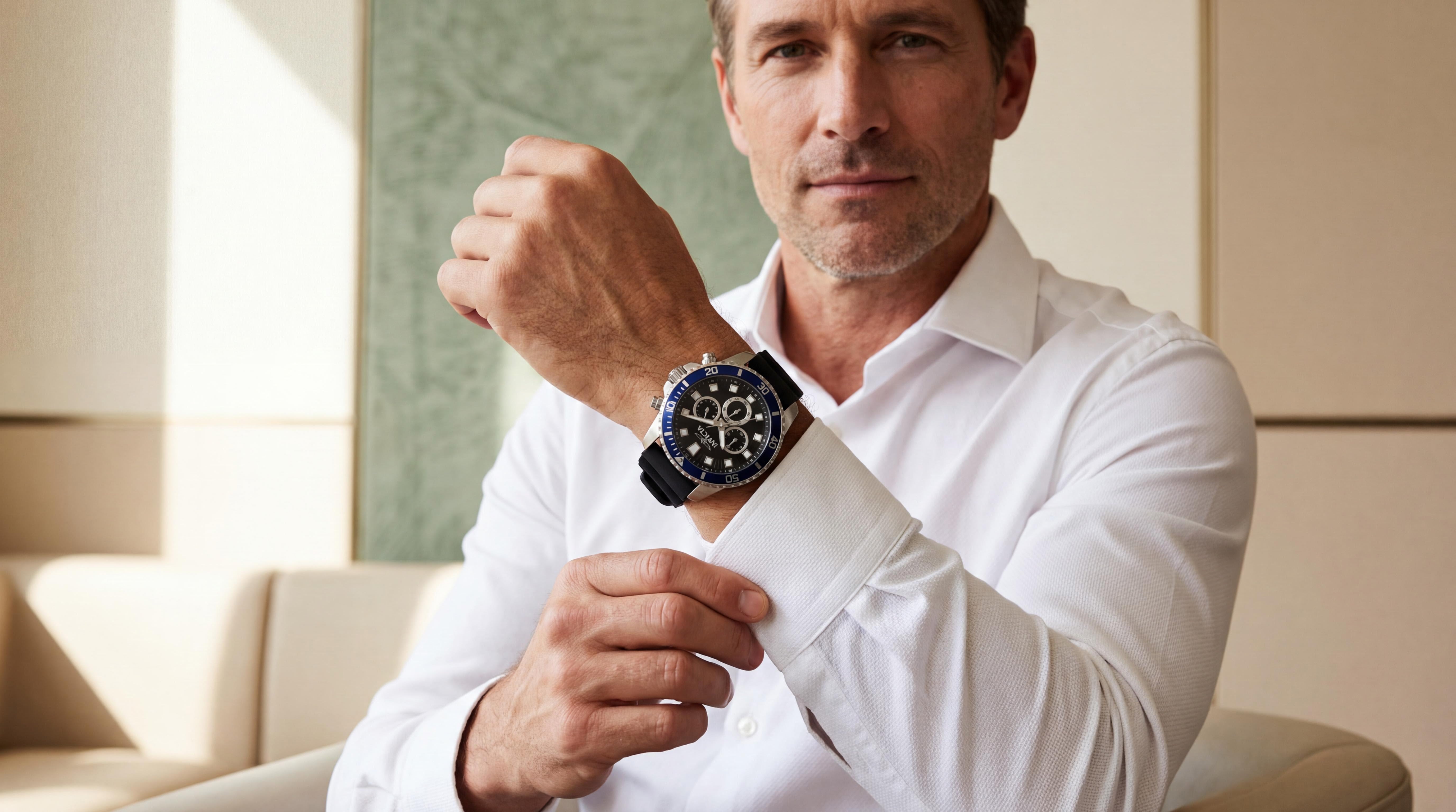 A man adjusts his shirt cuff, showcasing an Invicta Pro Diver mens chronograph watch on his wrist in a warm, refined interior.