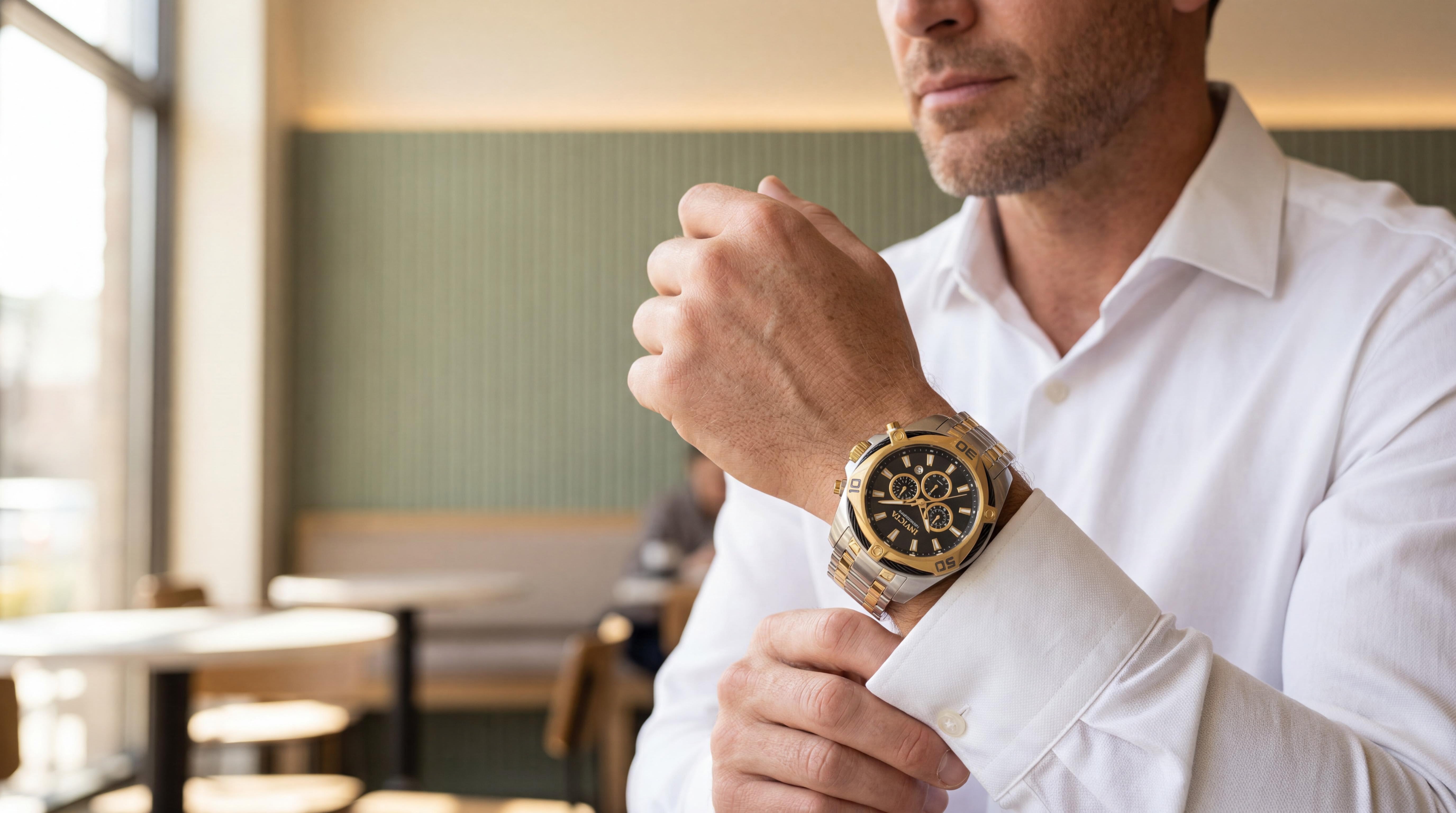 Refined man in a white dress shirt adjusting his cuff, prominently displaying his Invicta watches for men in a bright cafe.