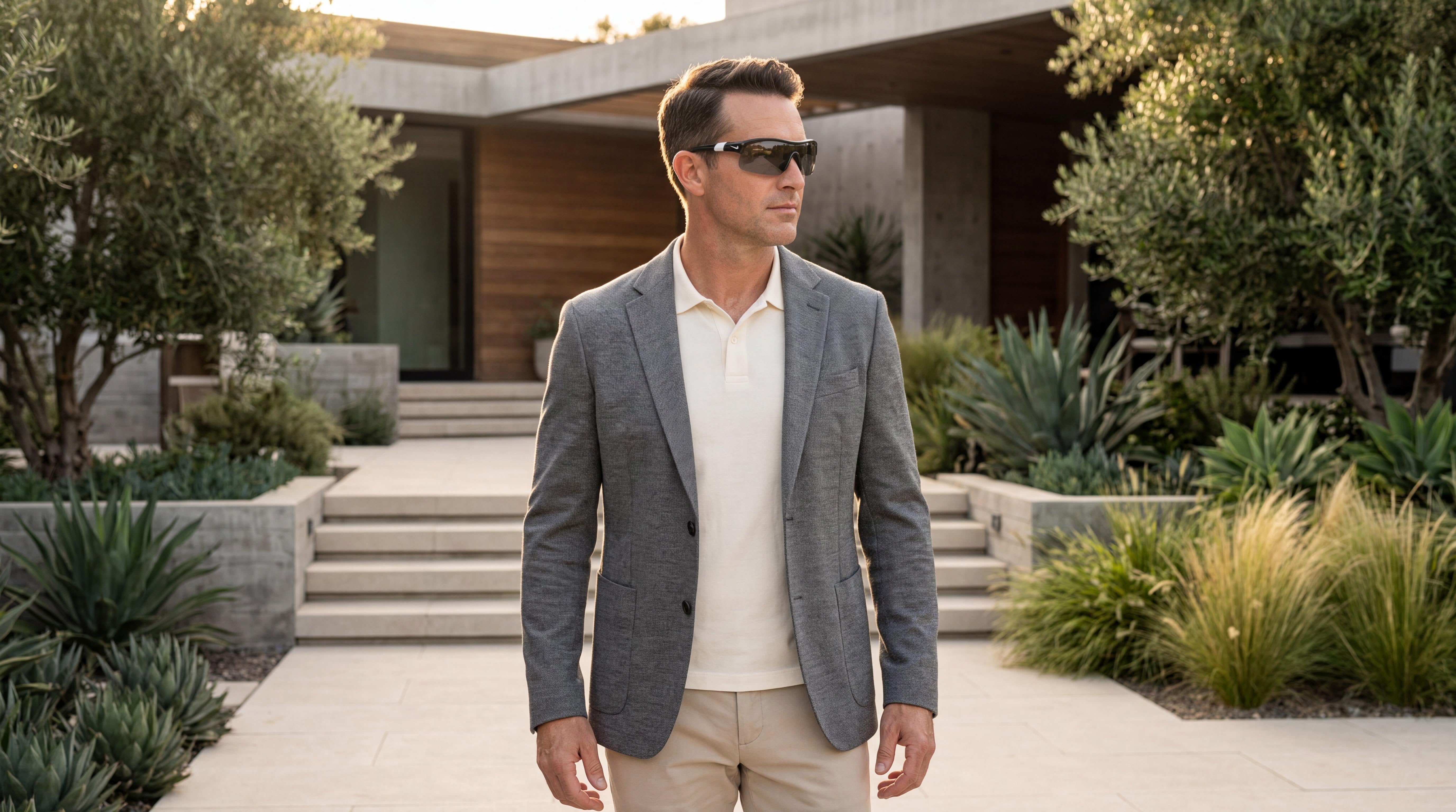 Man on a modern residence terrace in an athletic blazer and sunglasses, golden hour light, refined summer. nike sunglasses for men.