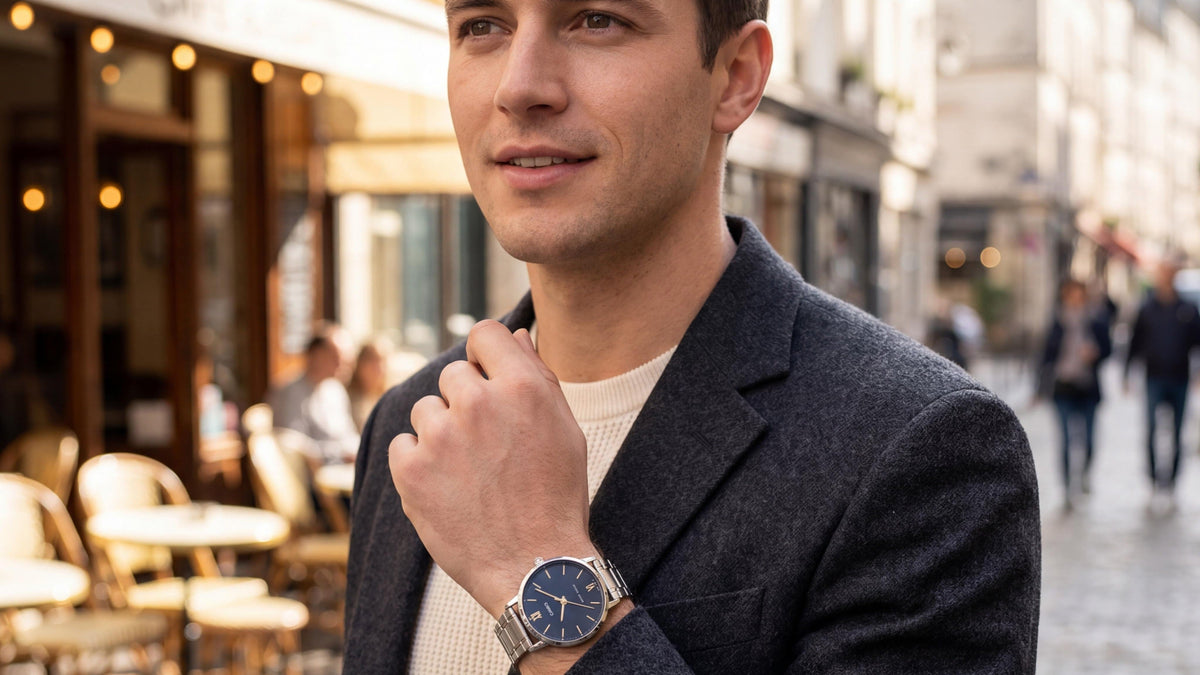 Man in a charcoal wool blazer on a café-lined street wearing a Casio silver stainless steel bracelet watch – mens casio solar radio controlled watches