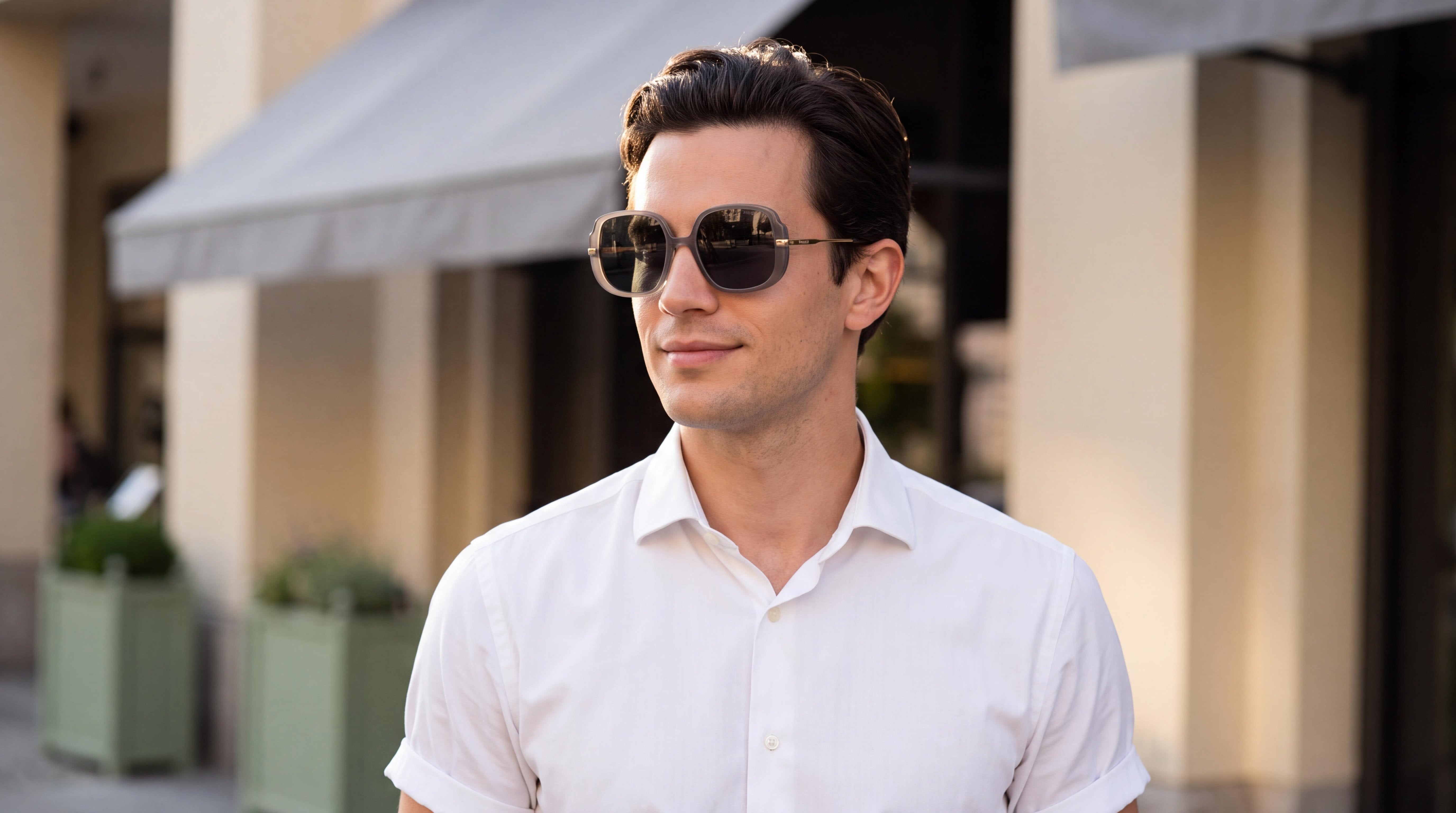 Young man in classic white shirt, stylish polarized sunglasses for driving, standing outside an upscale cafe.