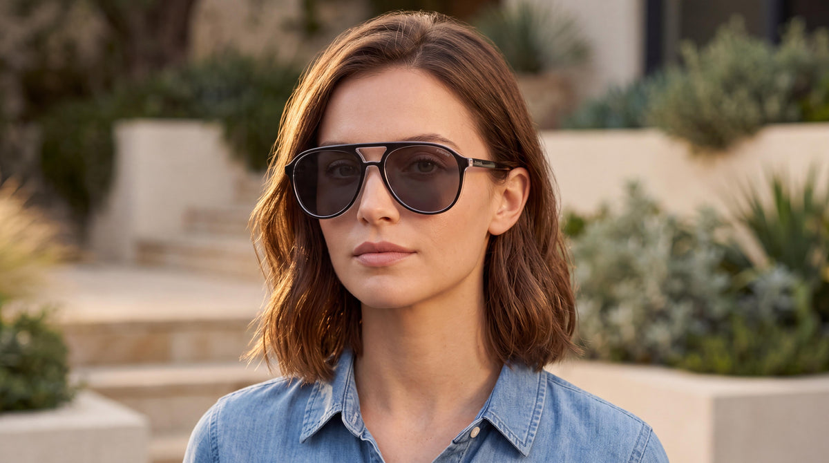 A young woman in a denim shirt wearing womens polaroid polarized aviator sunglasses, bathed in golden hour light on a modern terrace.