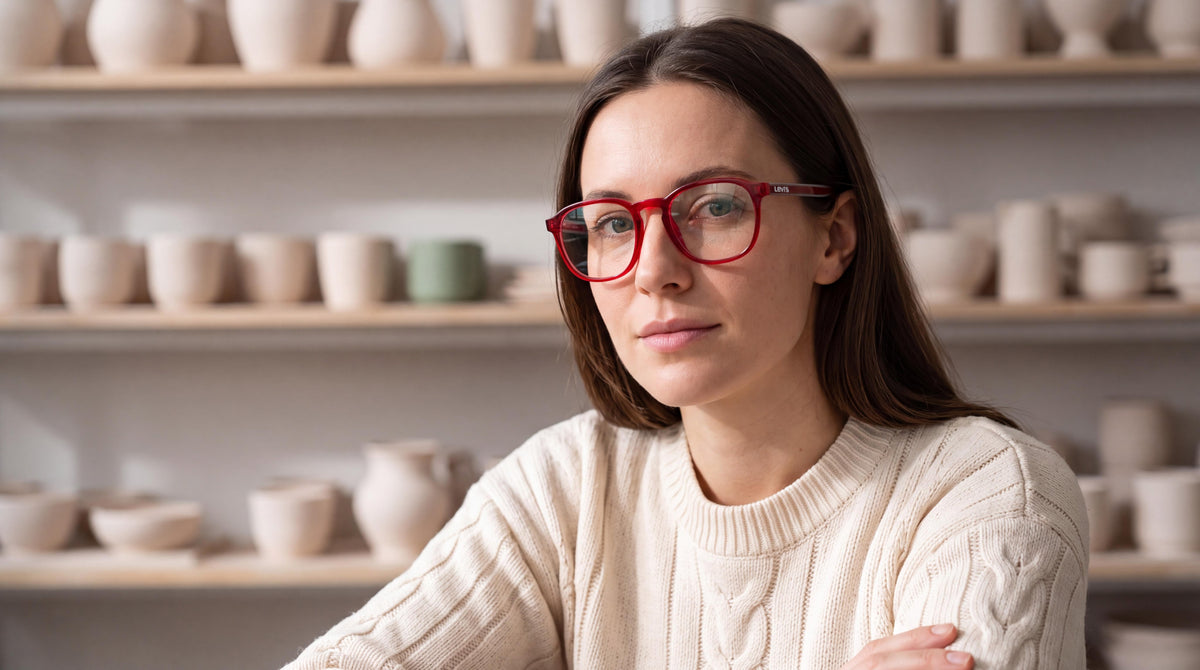 Warm portrait of a woman in a cream sweater wearing womens levis red round eyeglasses in a sunlit ceramics studio, soft focus background.
