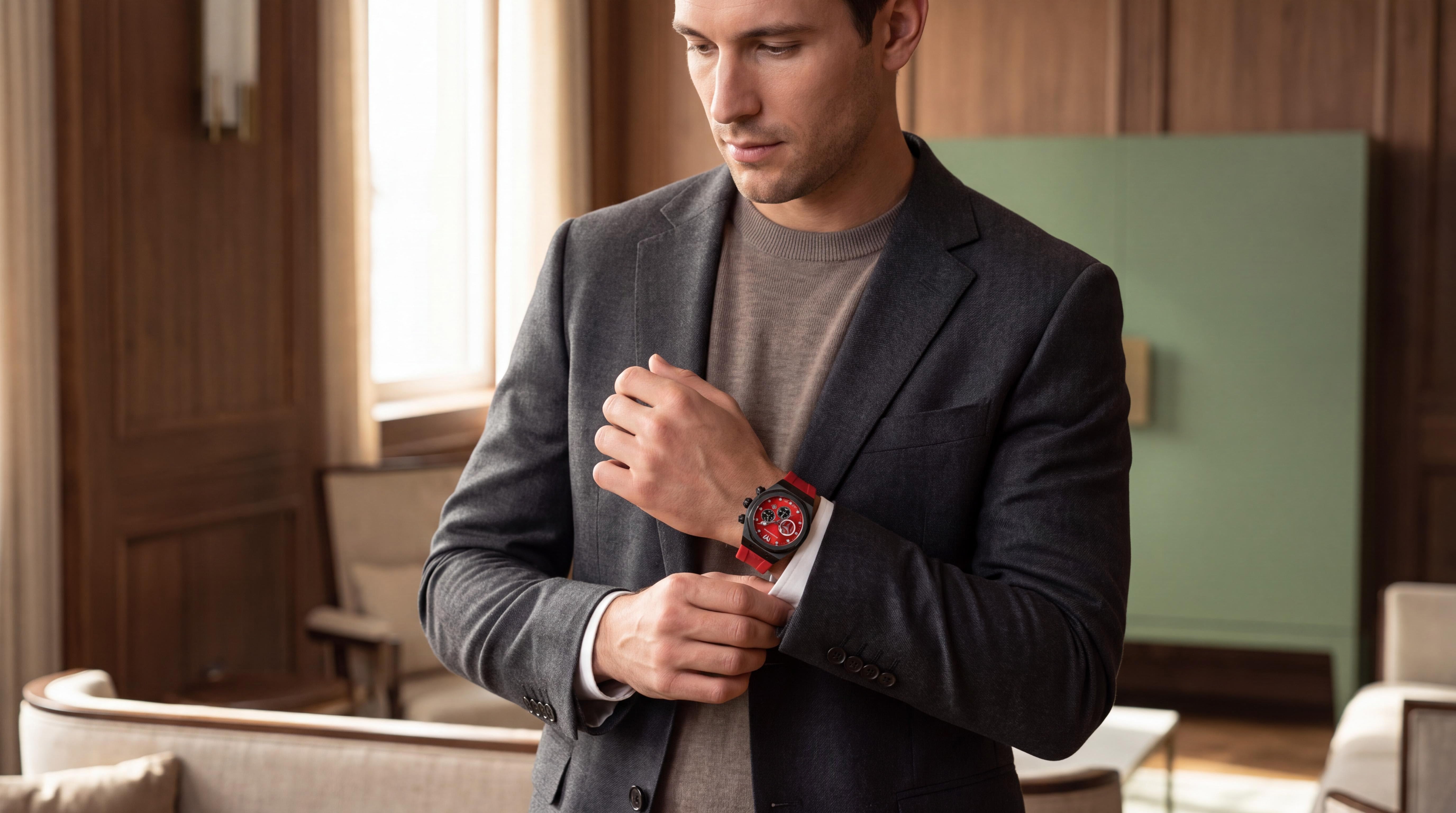 Refined man adjusting shirt cuff, prominent watch on wrist, in upscale lounge with sage-green accents, mens dive watches.