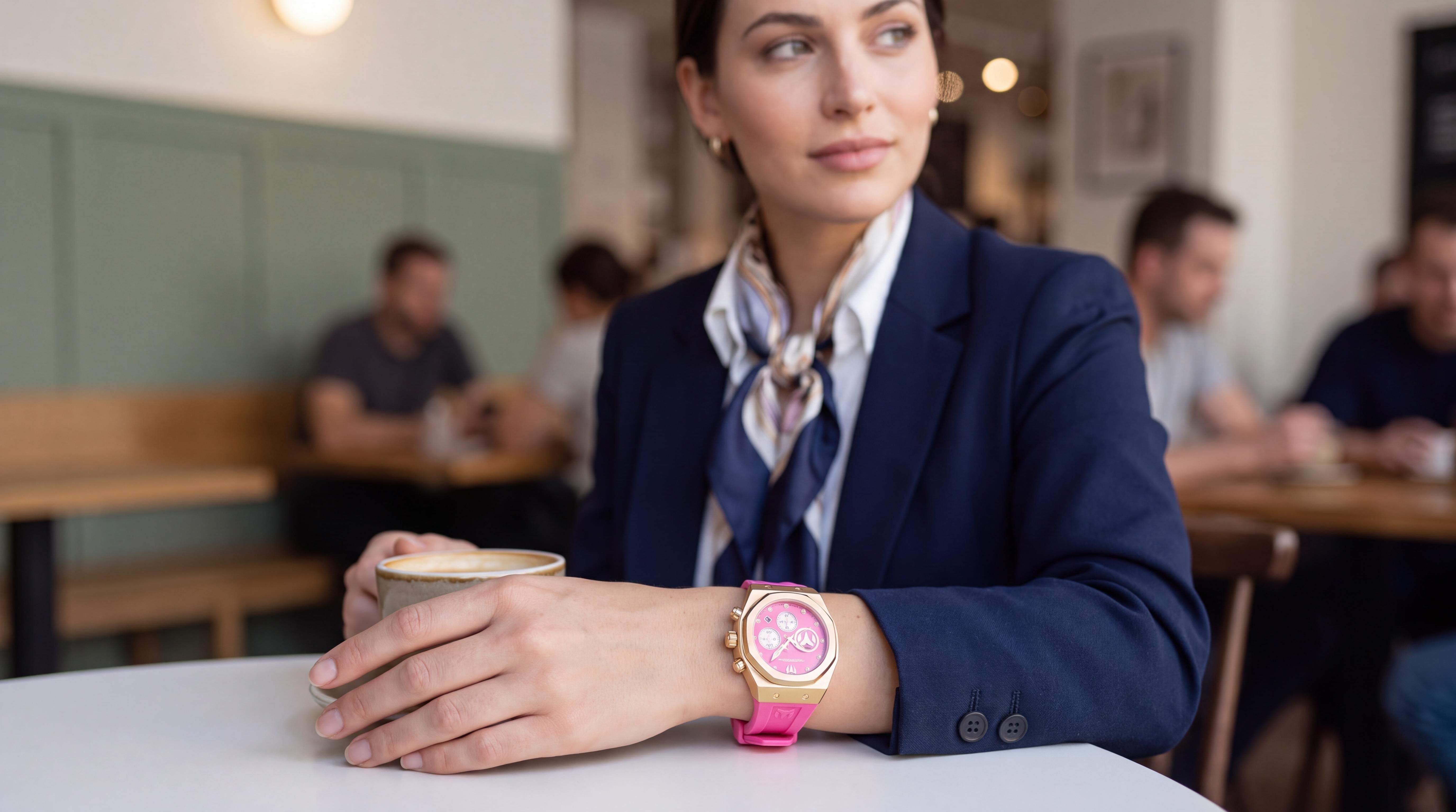 Refined woman in a tailored blazer, left hand near a coffee cup, prominent technomarine watch on wrist, bright cafe.