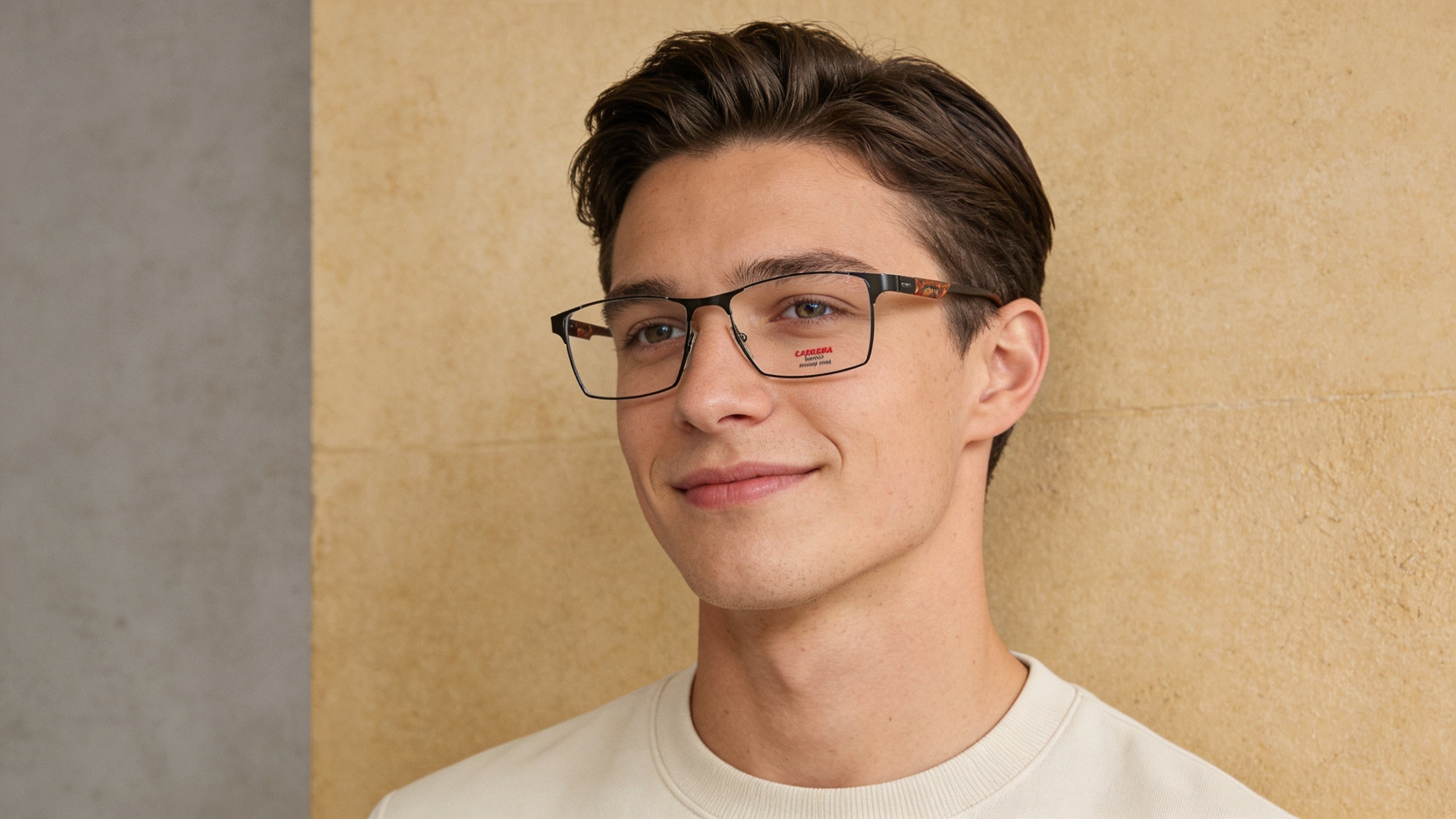 Editorial portrait of a subject wearing modern rectangular metal frame eyeglasses, against a warm beige textured wall.