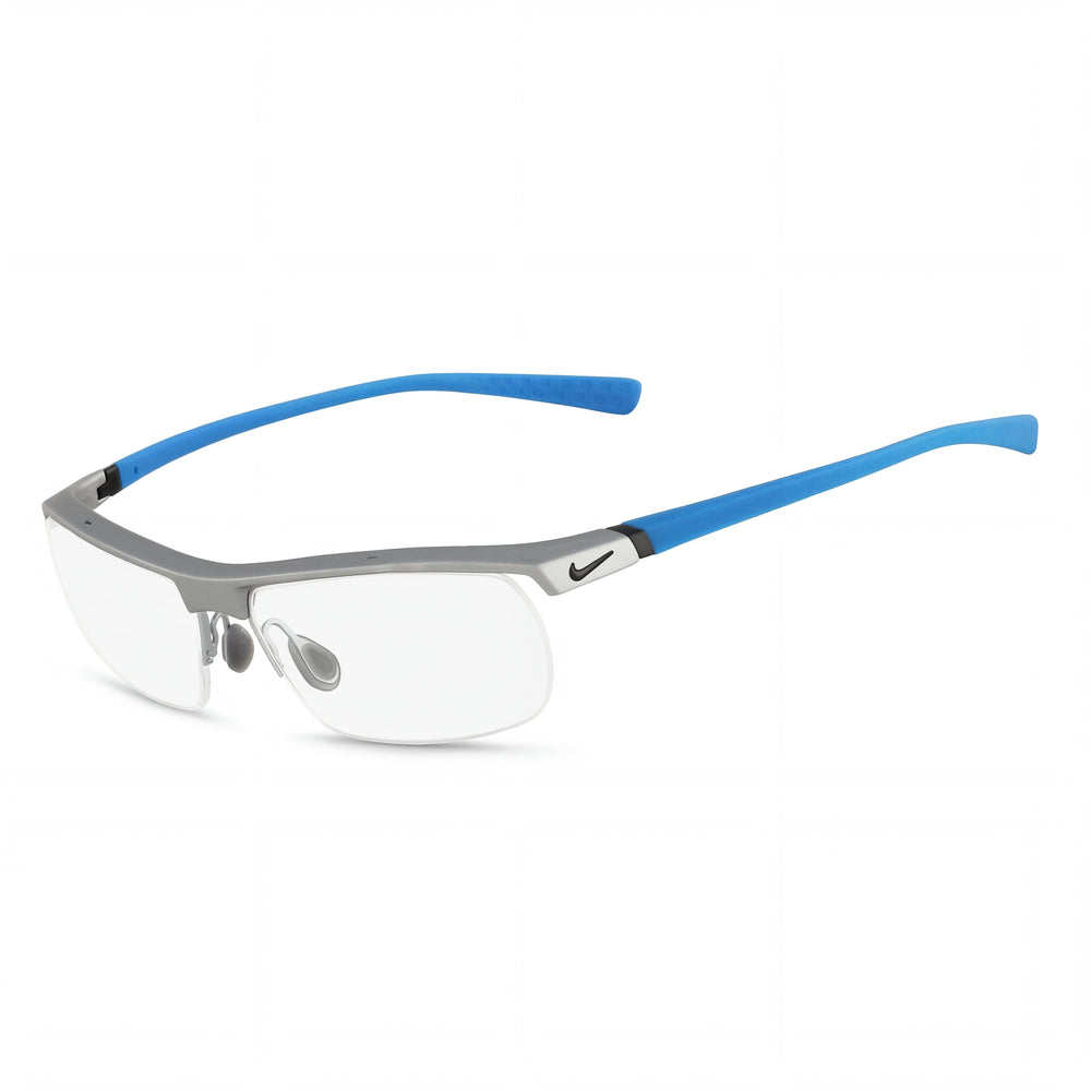 Nike 7071/2 Gafas sin montura de plástico plateado mate y azul claro para hombre con lentes de demostración transparentes de 57 mm