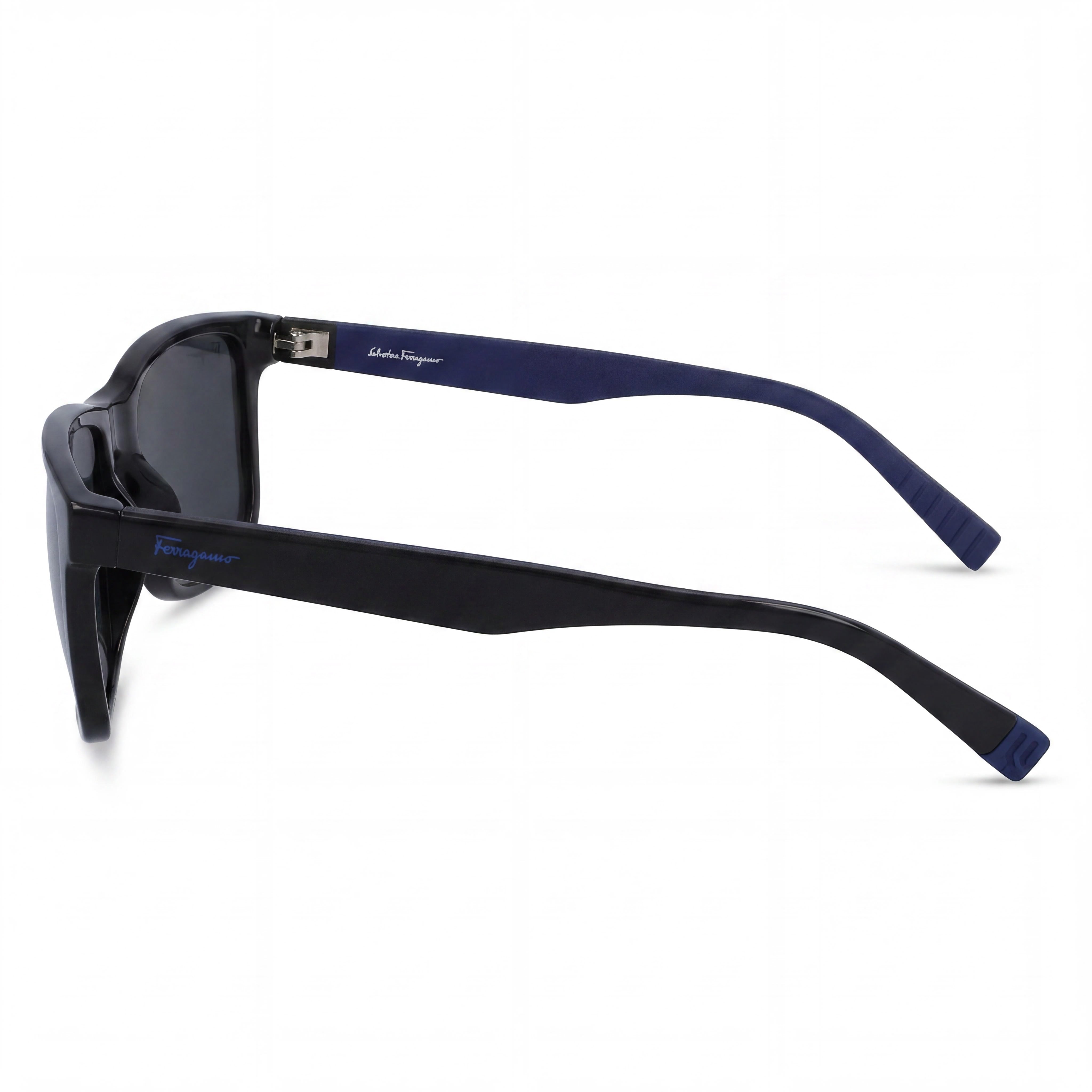 Gafas de sol de plástico para hombre Salvatore Ferragamo, montura negra mate, lentes negras/azules, ancho de lente 57 mm, Photo 3