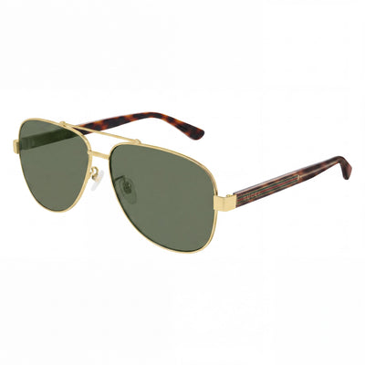 Gafas de sol unisex Gucci Aviators de plástico con protección UV, montura dorada, lentes verdes, ancho de lente de 63 mm.