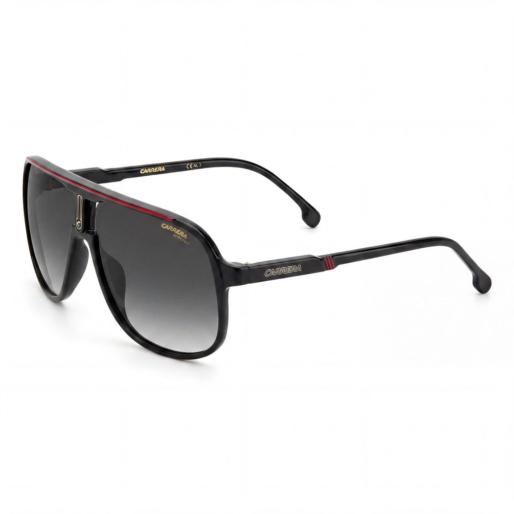 Carrera Contemporary Unisex Injection Propionate Sunglasses Black Red Grey Shaded Frame Black Red Lenses UV Protected 62mm