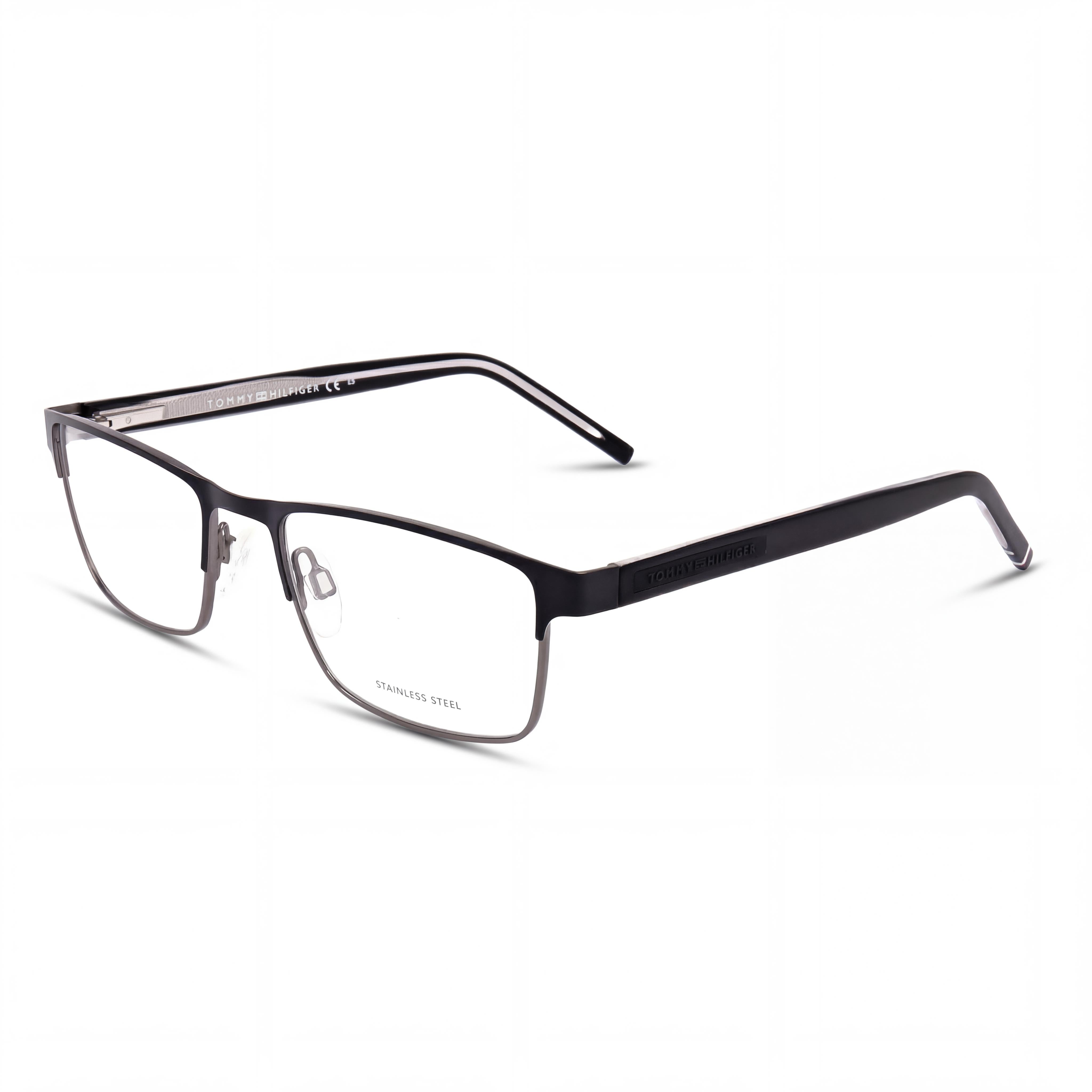 Tommy Hilfiger TH 1944 Unisex Rectangulares de Montura Completa de Acero Inoxidable Bicolor Rutenio Oscuro Plateado Negro Mate Transparentes Sin Gafas 53 mm, Photo 1