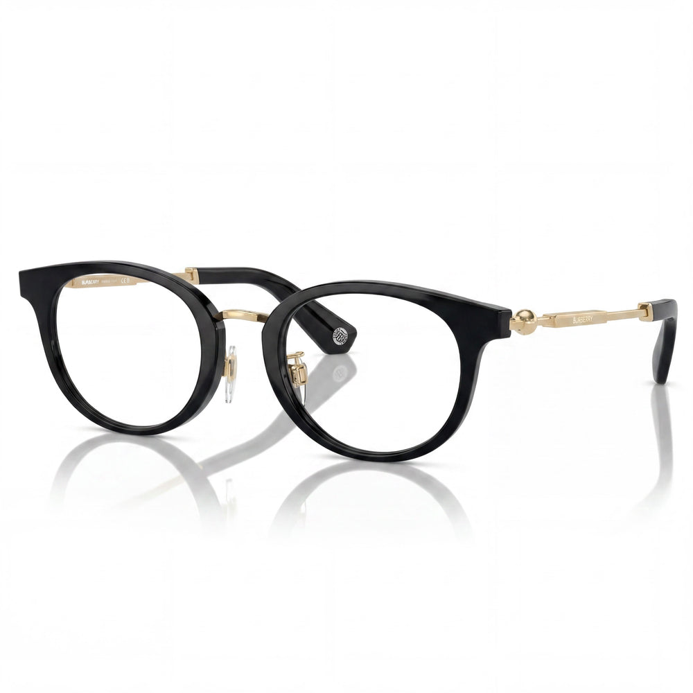 BURBERRY Women’s Black Optical Frames, featuring transparent demo lenses and ready for custom prescription lens replacement.