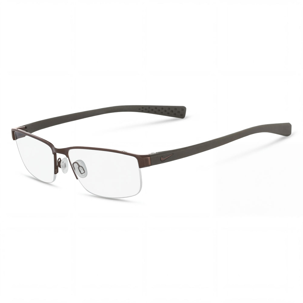 Nike Casual Men's Prescription Eyeglasses with Transparent Plastic Lenses in Walnut Cargo Khaki, Size 56-16-140