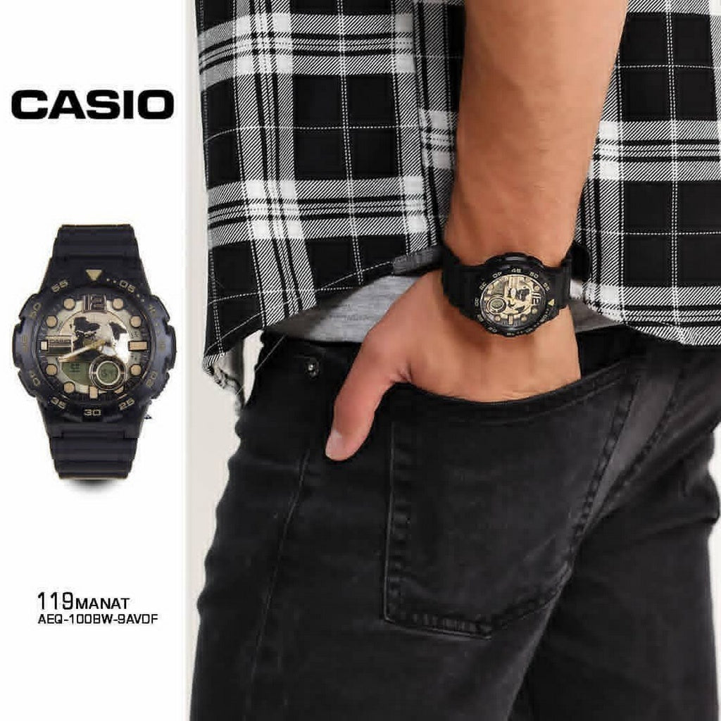 Casio AEQ-100BW Men's Watch | Gold Dial, 10-Yr Battery - buy online