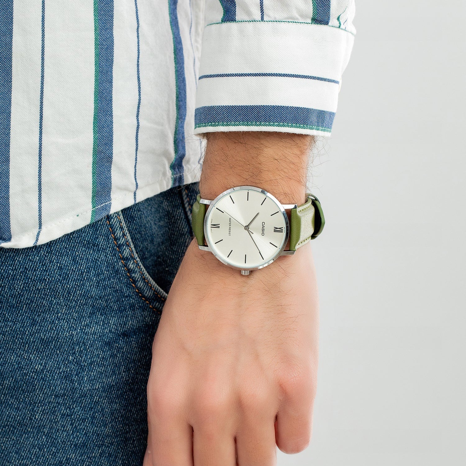 Casio Gold Minimalist Analog Watch for Men | Green Dial, Leather Strap - buy online