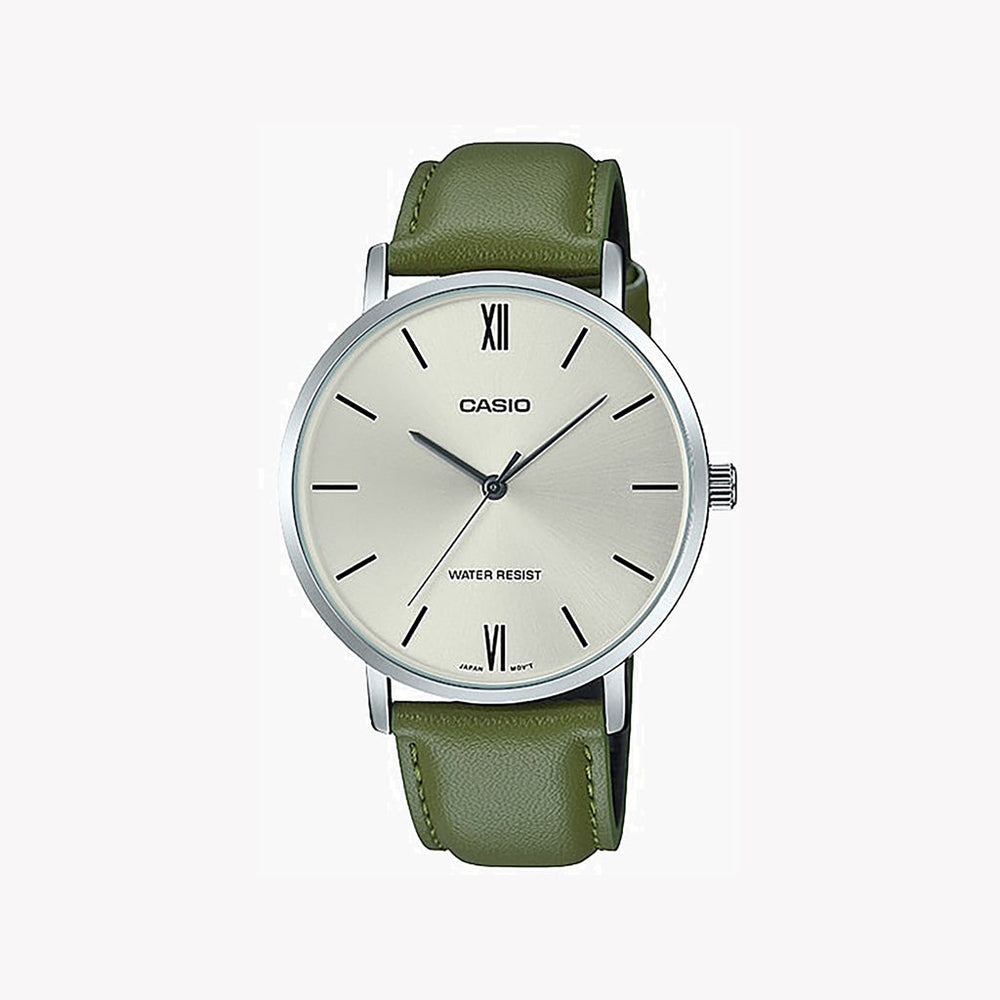 Casio Gold Minimalist Analog Watch for Men | Green Dial, Leather Strap
