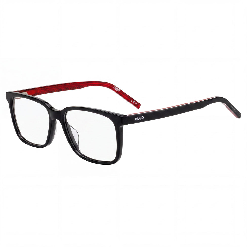 HUGO Rectangular Square Unisex Acetate Eyewear Shiny Black Transparent Red 54-16-145mm