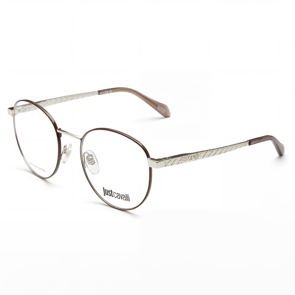 Gafas Just Cavalli clásicas para mujer con montura en paladio brillante y partes marrones, lentes de policarbonato marrones