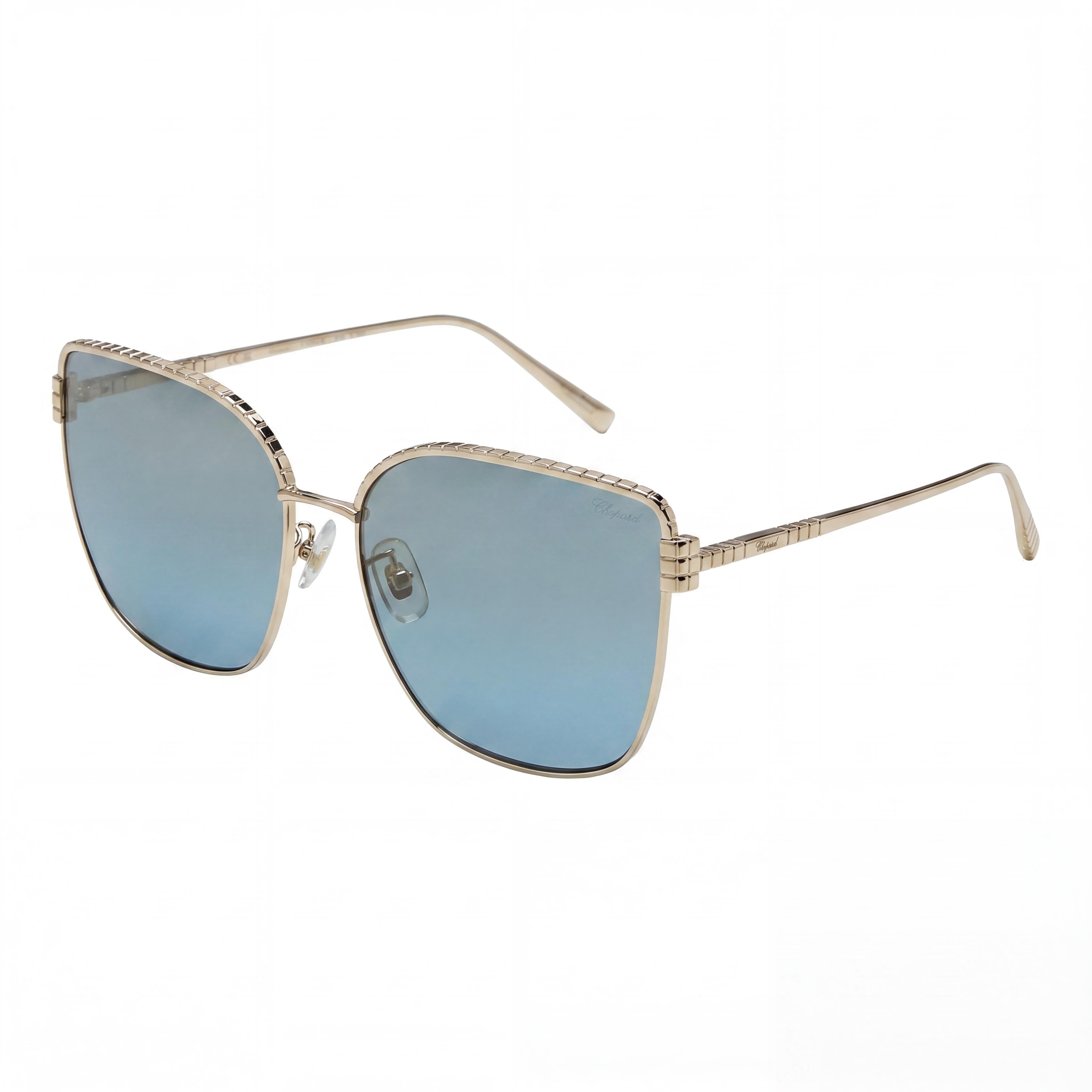 Gafas de sol casuales Chopard para mujer de titanio y oro rosa con lentes azules espejadas con gradiente dorado y protección UV 63-17-135, Photo 1