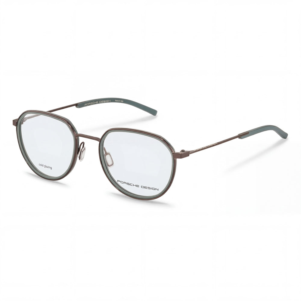 Monturas ópticas modernas Porsche para hombre con combinación de colores marrón y verde y lentes de demostración de plástico, 53 mm
