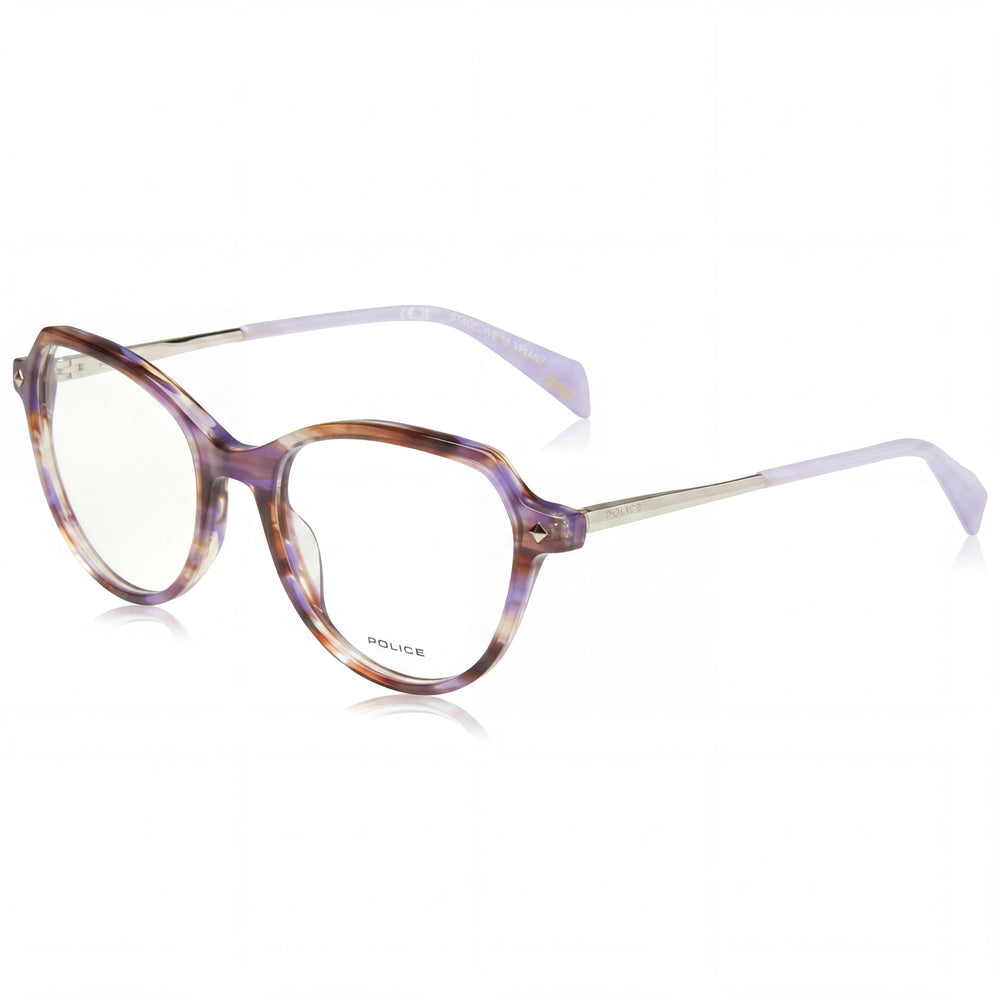 Montura de gafas Police casual para hombre, de acetato a rayas moradas y marrones, con lentes de 52 mm, puente de 18 mm y patillas de 140 mm