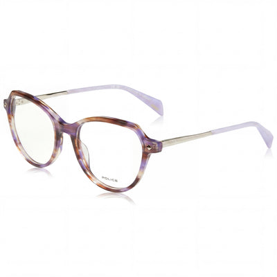 Montura de gafas Police casual para hombre, de acetato a rayas moradas y marrones, con lentes de 52 mm, puente de 18 mm y patillas de 140 mm