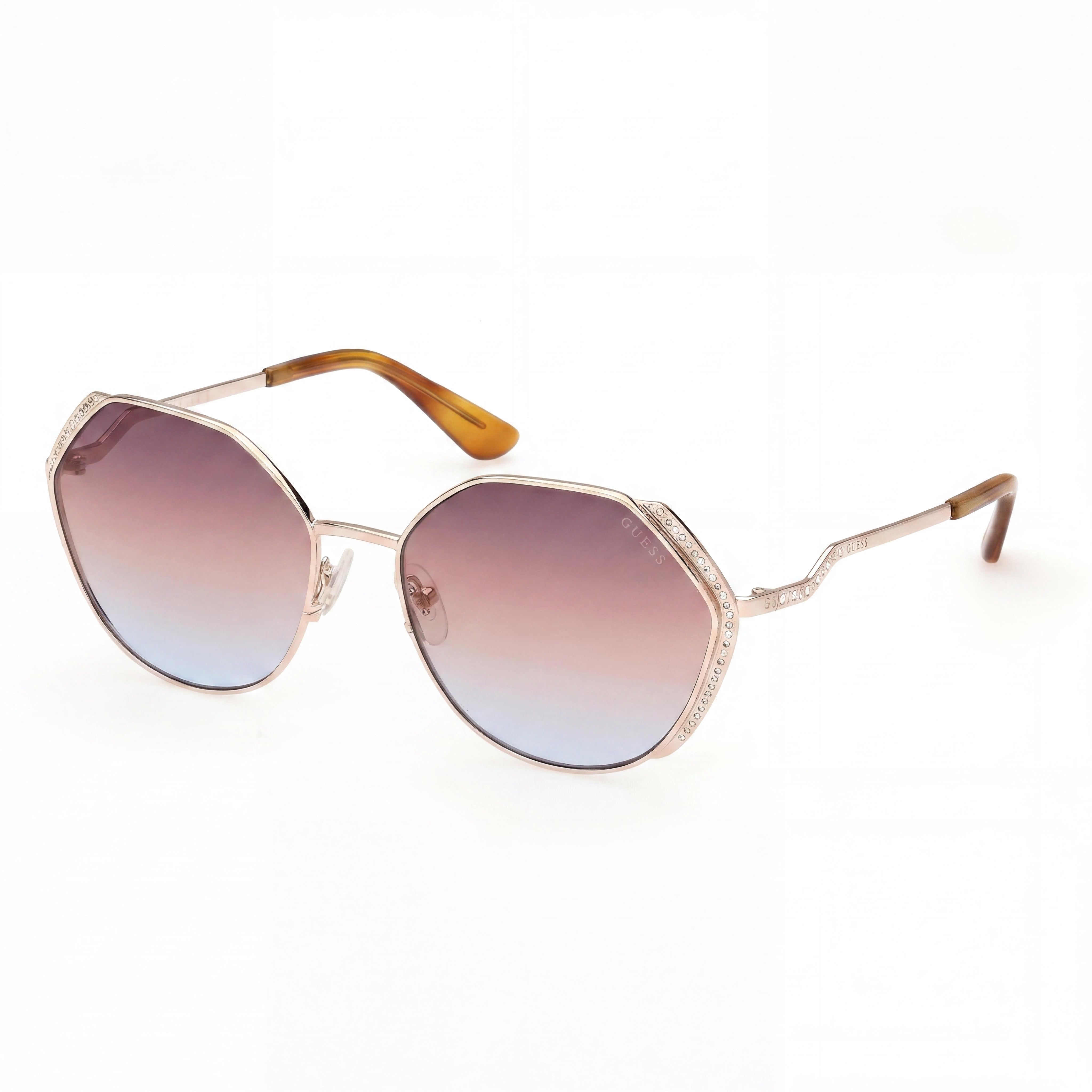 GUESS Gafas de sol de mujer de metal dorado con piedras geométricas, oversize, 100% protección UV, lentes degradadas marrones, 58 mm, Photo 1